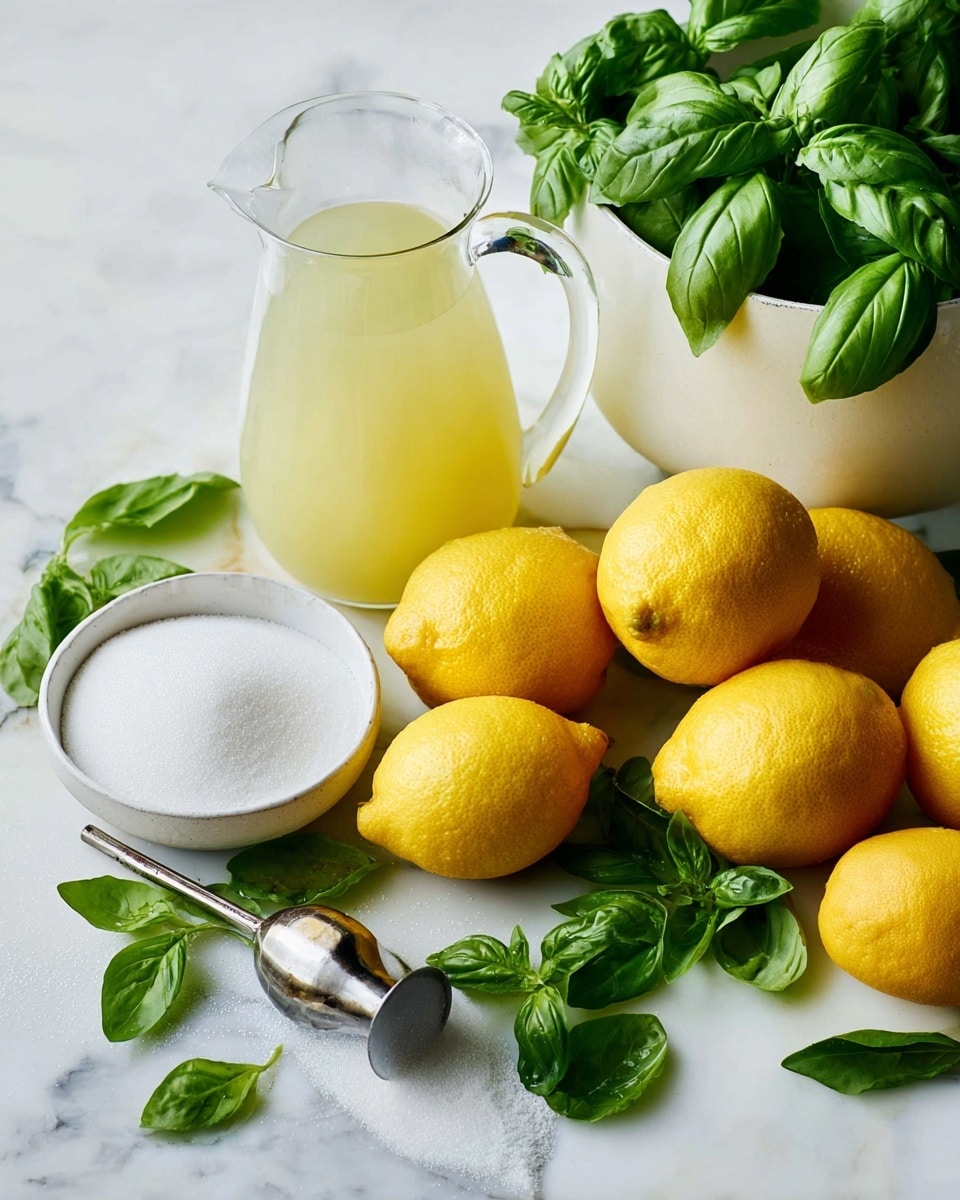 The image shows bright yellow lemons spread on a white marbled surface, with fresh green basil leaves scattered around. There is a white bowl full of green basil leaves at the top right. A clear glass pitcher filled with pale yellow liquid sits among the lemons and basil. At the bottom left, there is a white bowl filled with white granulated sugar and a metal funnel resting on top. The scene is bright and fresh with a clean, natural look. photo taken with an iphone --ar 4:5 --v 7