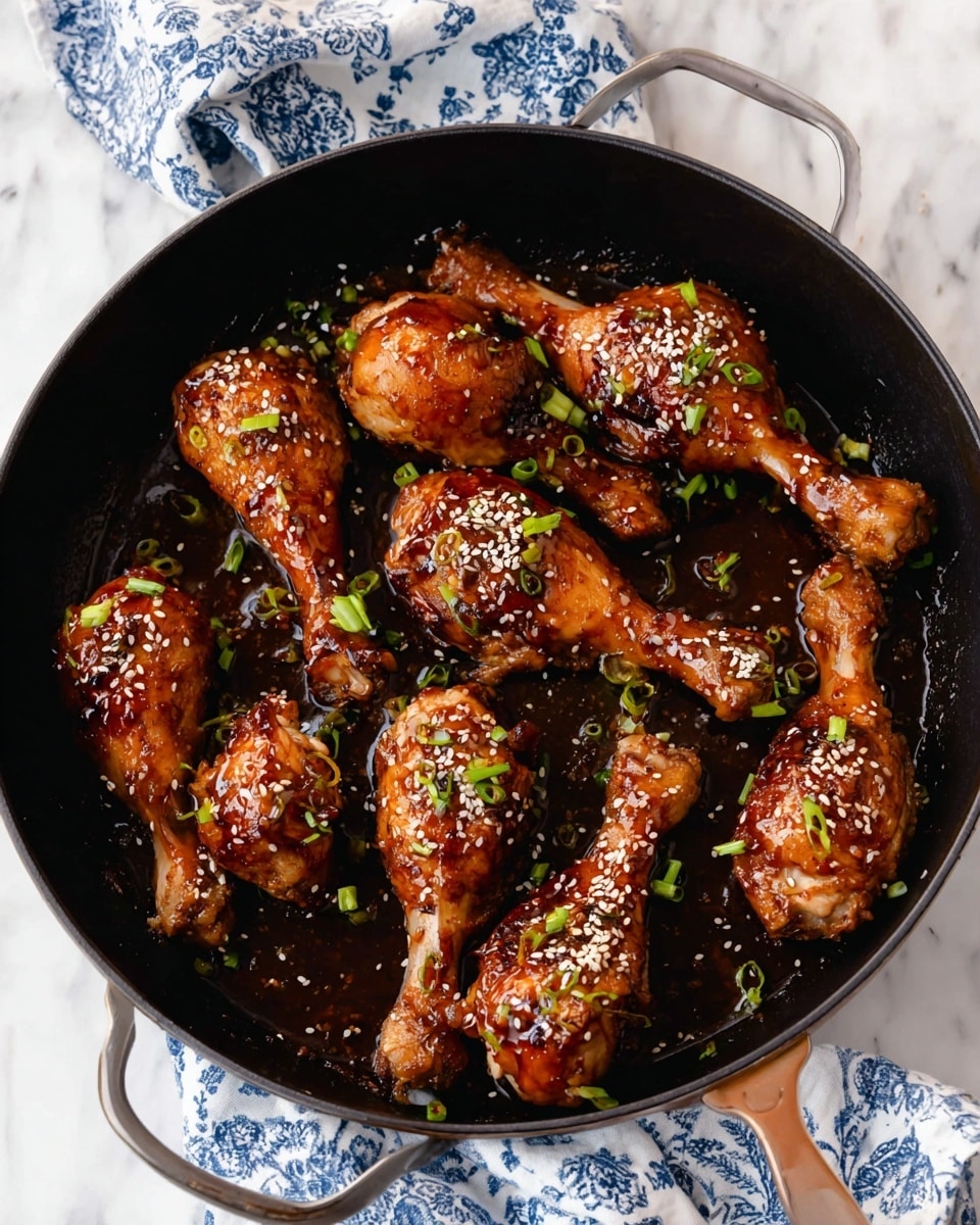 A black pan filled with ten brown glazed drumsticks arranged spread out inside, each leg shinier from the sauce coating, sprinkled with white sesame seeds and small pieces of green onions scattered on top. The pan is resting on a white marbled surface with a blue and white floral cloth partially visible in the background. The drumsticks have a cooked, slightly shiny texture with some grill marks and the sauce pools slightly at the bottom, creating a dark rich contrast photo taken with an iphone --ar 4:5 --v 7