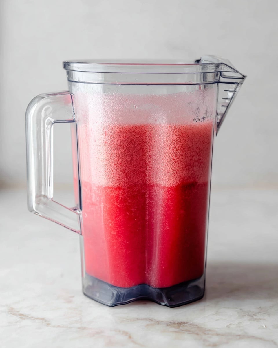 A clear blender container is filled with a bright red liquid that has a foamy, light pink layer on top, showing two distinct layers: the solid red base at the bottom and the frothy, bubbly pink layer above it. The blender is set against a white marbled background, and the container features a clear handle and spout. The image captures the fresh texture of the blended drink with droplets of moisture on the inside walls. photo taken with an iphone --ar 4:5 --v 7