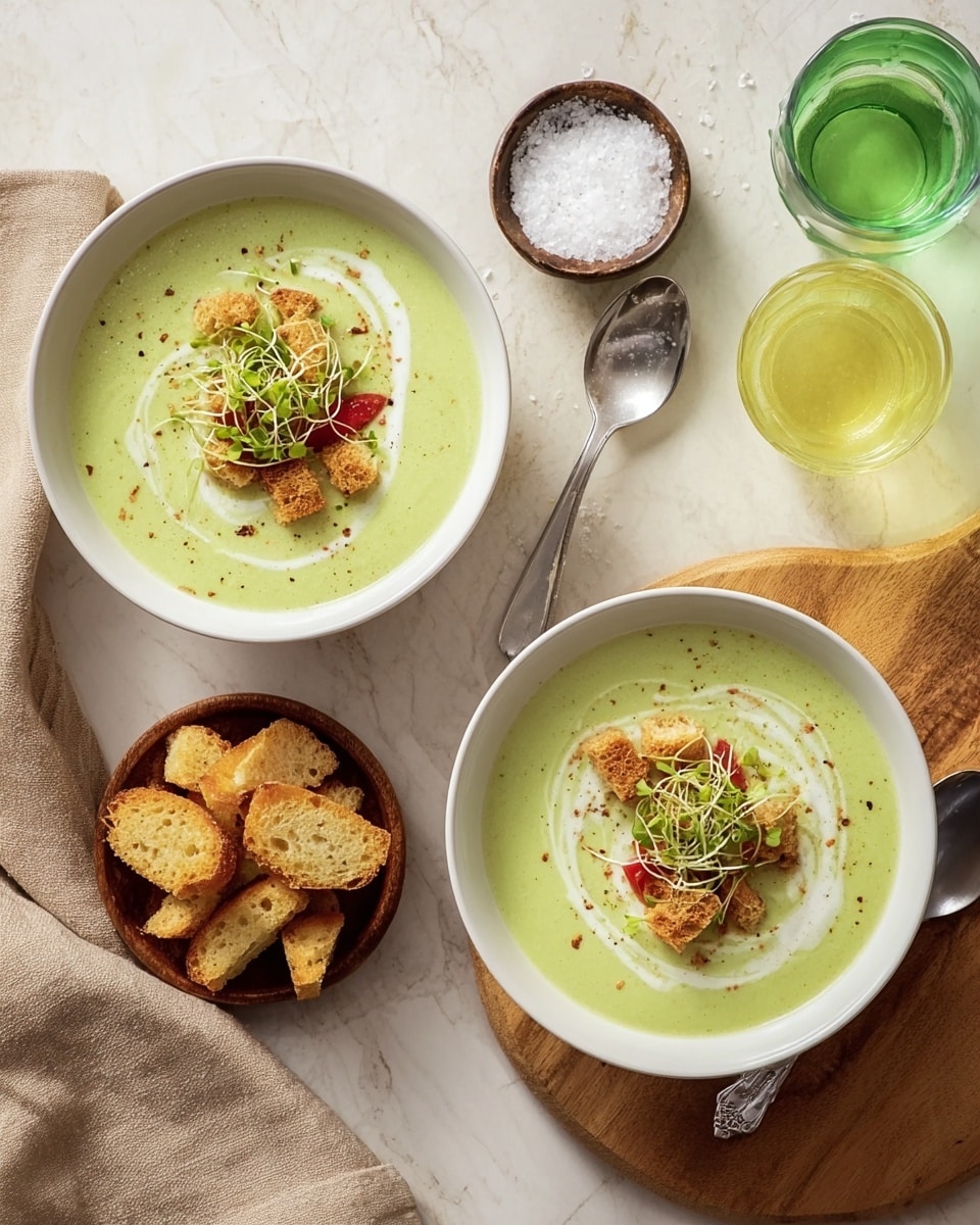 Two white bowls of creamy green soup sit on a white marbled surface, one bowl placed on a wooden board and the other on a beige cloth. Each bowl has smooth light green soup with a swirl of white cream on top. One side of the soup is topped with golden brown crunchy croutons, small bright red tomato pieces, and fresh green sprouts placed in the center. Near the wooden board is a shiny spoon and a small bowl filled with coarse salt. To the right, a white bowl holds several golden brown crispy pieces of bread. Two glasses with yellowish-green sparkling drinks add color to the top part of the image. Photo taken with an iphone --ar 4:5 --v 7