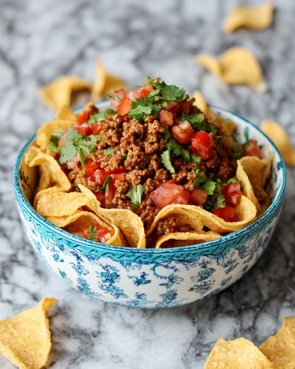 A white bowl with a detailed floral pattern filled with layers starting from chopped red tomatoes at the bottom, followed by green cilantro leaves, shredded light green lettuce, and topped with crumbled brown cooked meat and curled pale orange chips scattered over the top and sides. The bowl is placed on a white marbled surface with some chips lying around it. Photo taken with an iphone --ar 4:5 --v 7