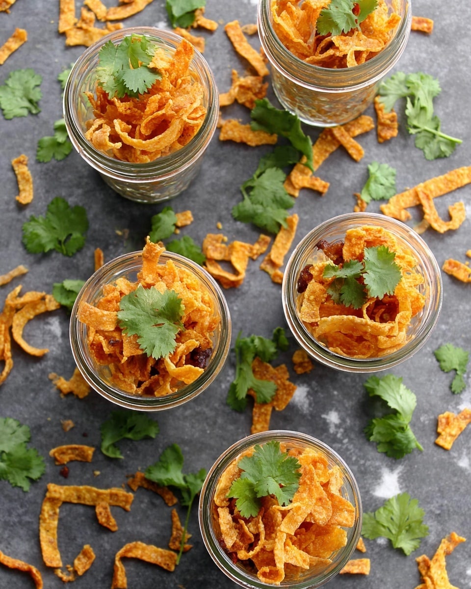 Six small clear glass jars are filled with wide, crunchy-looking orange-colored strips that have a slight speckled texture. Each jar is topped with a small green leafy herb, evenly placed, adding a fresh touch. The jars are placed on a dark gray surface scattered with extra orange strips and loose green herb leaves around them, creating a casual, inviting look. The jars are viewed from above and spaced irregularly, showing the crisp texture of the strips and the fresh green herbs well. Photo taken with an iphone --ar 4:5 --v 7