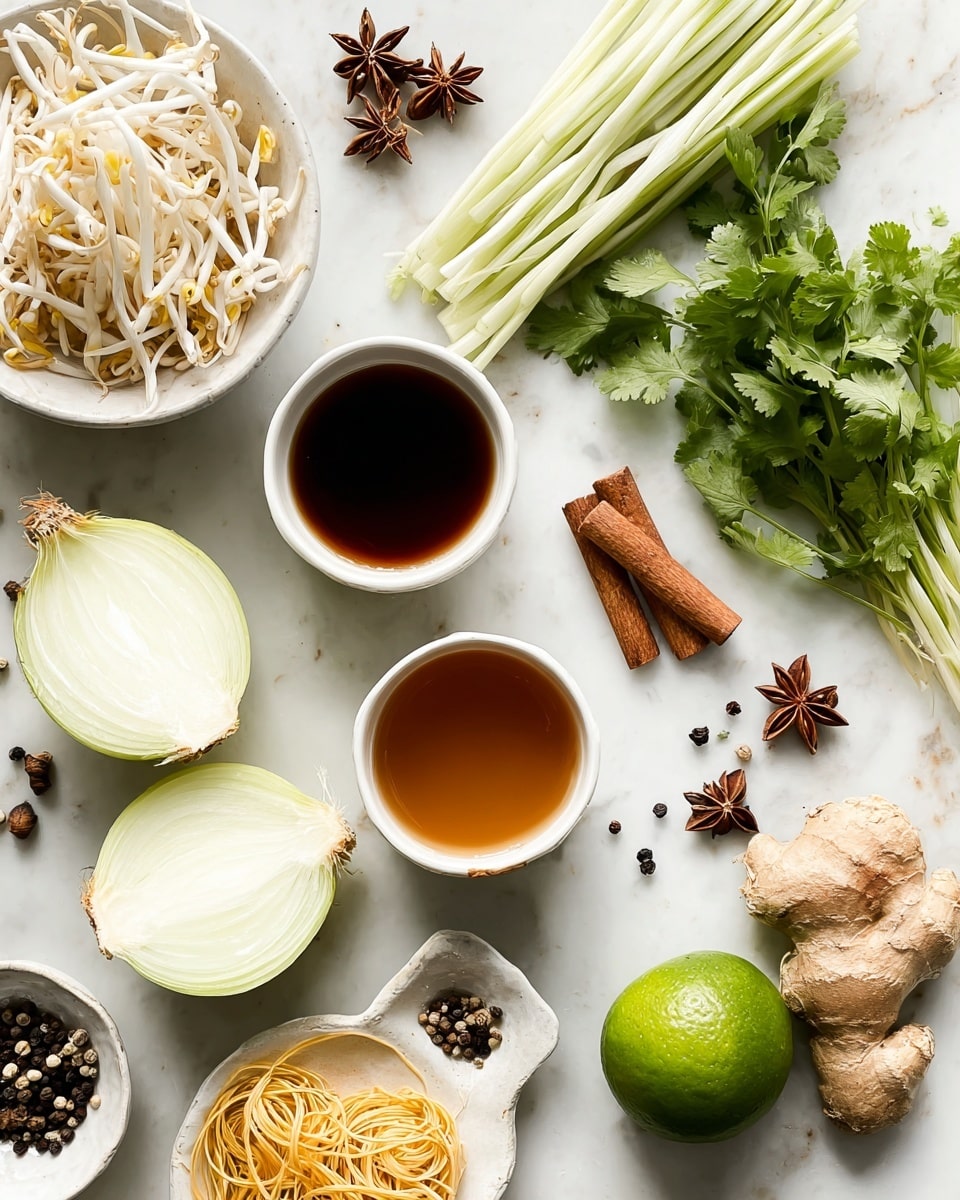 The image shows a top view of various fresh ingredients on a white marbled surface. At the center, there are two small white bowls filled with a brown sauce, one larger and one smaller. Above them is a bunch of green onions, with their bright green stalks facing up. To the right of the green onions sits a small bunch of fresh cilantro, its leafy green texture clear. Below the cilantro is a plate holding whole spices, including star anise, black peppercorns, and cinnamon sticks, all arranged in a neat layer. Near the bottom, two halves of a white onion are placed side by side, their smooth light layers visible. To the left is a piece of fresh ginger root with its rough, knobby surface. On the far left, there is a white bowl filled with bean sprouts, their thin white and yellow strands spreading out. A small portion of yellow noodles is visible in the lower left corner. On the bottom right side, a small white bowl holds a very dark sauce, and next to it is a sliced lime with a vibrant green peel and pale inner sections. The whole arrangement is on a clean white marbled surface. Photo taken with an iphone --ar 4:5 --v 7