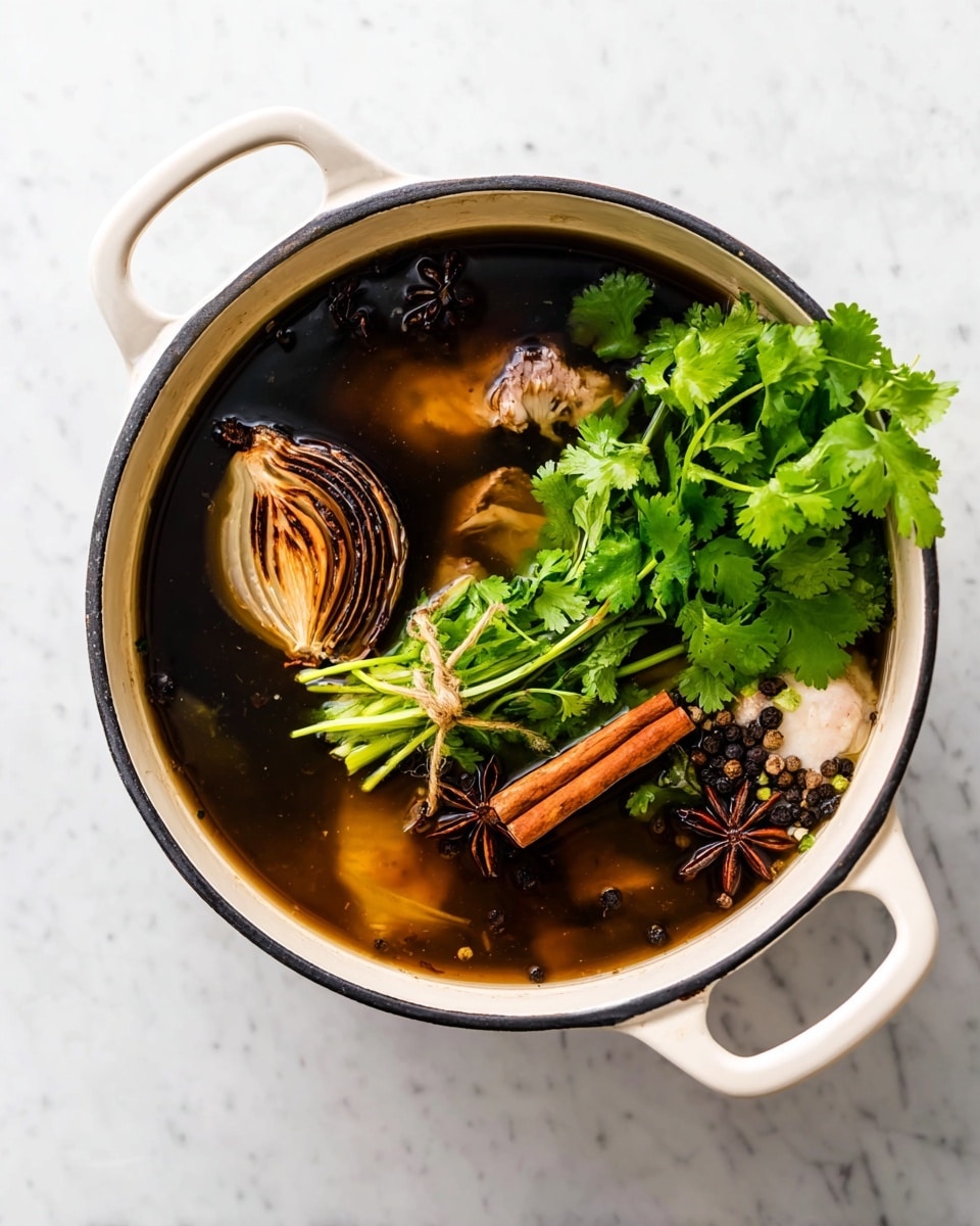 A white pot with an orange handle holds a clear brown broth with several ingredients. Near the top, there are two grilled onion halves with dark char marks. Below the onions rests a cinnamon stick, and beside it, a bunch of fresh green cilantro tied with string floats on the right side. Small black peppercorns and star anise pods are scattered in the broth, and beneath these spices, white pieces of meat can be seen partially submerged. The pot sits on a white marbled surface. photo taken with an iphone --ar 4:5 --v 7
