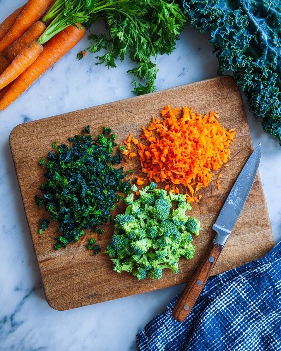 The image shows a wooden chopping board on a white marbled surface with three piles of chopped vegetables: finely chopped dark green leafy kale on the left, bright orange finely grated carrots in the center front, and fresh bright green broccoli florets on the right. Next to the broccoli is a sharp knife with a wooden handle resting on the board. In the top left corner, two whole orange carrots and a bunch of dark green leafy kale lie partially off the board. A blue and white checkered cloth is placed near the top right corner of the image. photo taken with an iphone --ar 4:5 --v 7