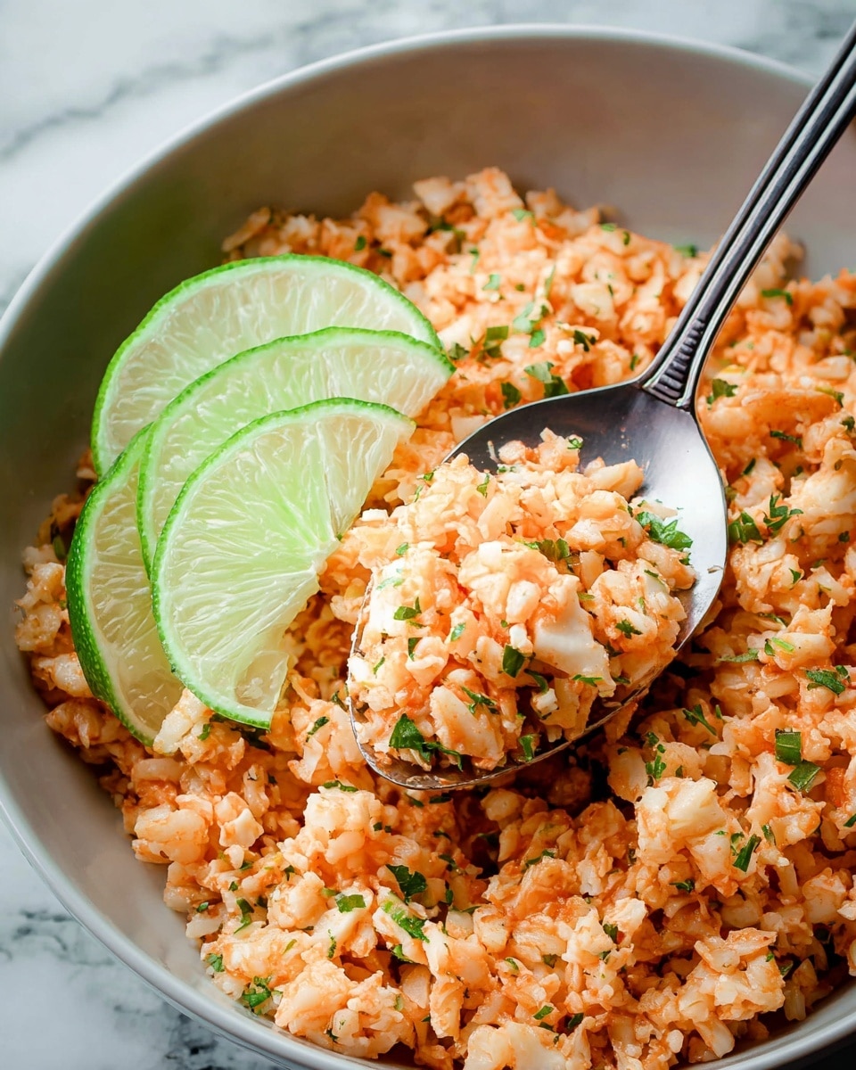 The image shows a close-up of a white bowl filled with a dish made of small, soft-looking light orange pieces mixed with tiny bits of green herbs, giving it a fresh appearance. On top, there are three lime wedges with bright green skin and pale green insides, adding a zesty touch. A silver spoon rests inside the bowl, scooping up a portion of the dish with visible texture and small chunks. The background is a white marbled surface, providing a clean and bright setting. Photo taken with an iphone --ar 4:5 --v 7