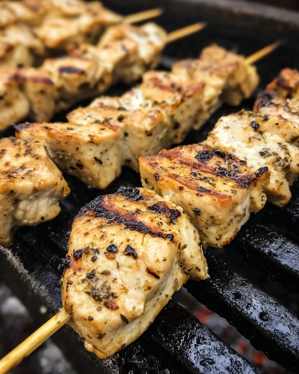 The image shows close-up grilled skewers with several pieces of light beige chicken aligned on wooden sticks. Each piece has dark brown grill marks and a slightly rough texture, with some blackened spots from cooking. The skewers are set on black metal grill bars with a rough surface, and the background is out of focus. Photo taken with an iphone --ar 4:5 --v 7