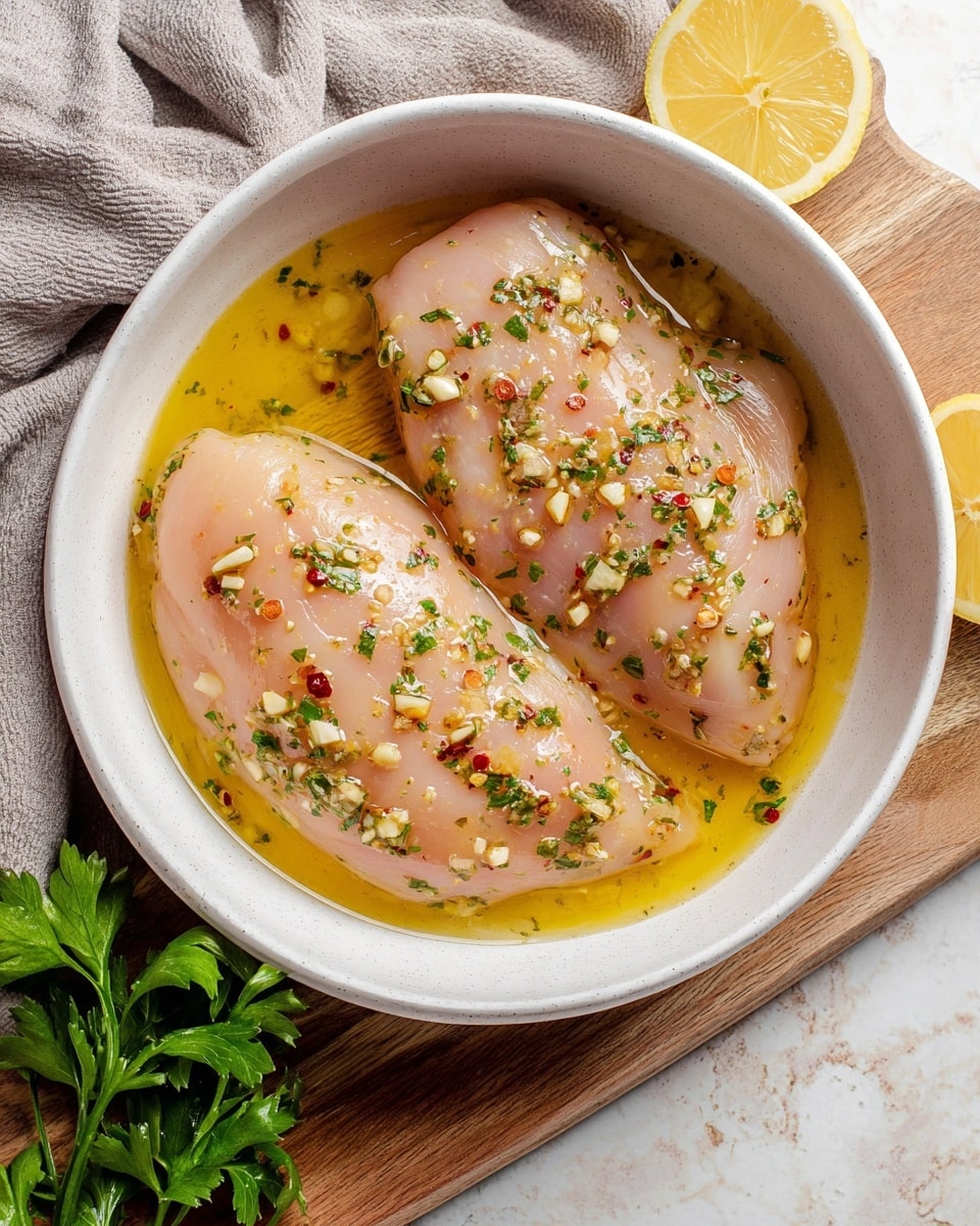 Two pieces of raw chicken lie in a shallow layer of yellowish marinade with visible herbs and small bits of garlic on top. The chicken is light pink with a shiny, wet texture, speckled with green parsley and red pepper flakes. The round white bowl holding the chicken is placed on a wooden board with a half lemon and fresh parsley on the side. A white marbled textured surface is partially visible under the wooden board, and a gray cloth is draped nearby. Photo taken with an iphone --ar 4:5 --v 7