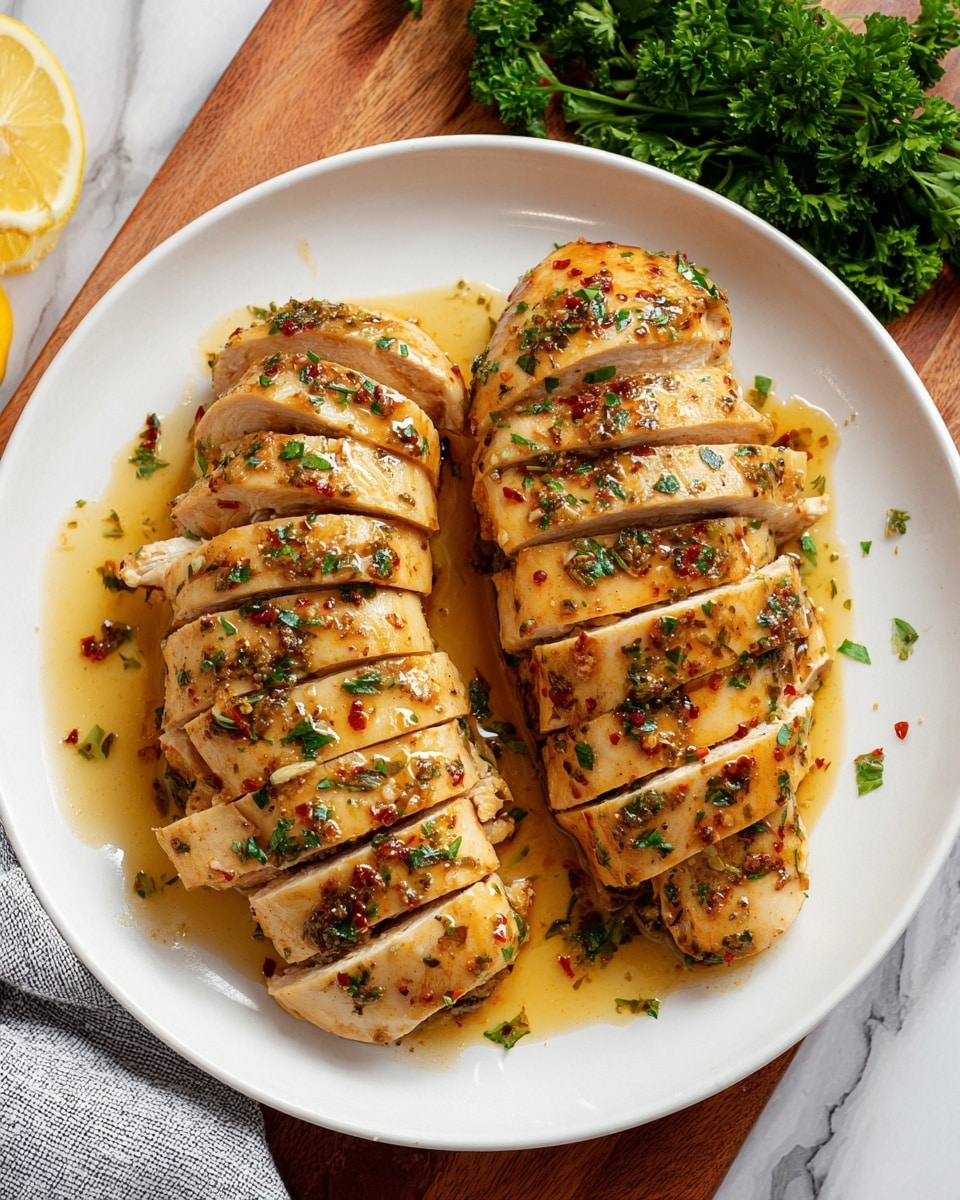 Two sliced cooked chicken pieces are arranged side by side on a white plate. Each chicken piece has about seven thick slices with a light golden brown surface covered in a shiny, slightly oily sauce that includes finely chopped green herbs and bits of red seasoning. The chicken looks moist and tender with some sauce pooled underneath and a few herb sprinkles scattered on the plate. The plate is placed on a wooden cutting board with a bunch of green parsley in the top right corner and a halved lemon in the top left corner. The background is a white marbled texture with a partially visible grey cloth in the bottom left corner. Photo taken with an iphone --ar 4:5 --v 7