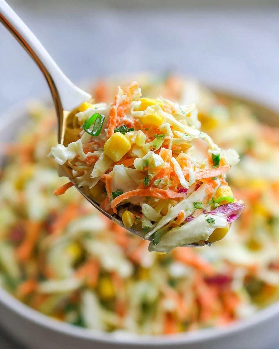 A close-up of a white spoon holding a colorful salad mix, with a creamy, pale yellow layer of shredded cabbage and bright orange carrot strips, scattered golden yellow corn kernels, and flecks of fresh green herbs and scallions, all mixed together with visible texture and freshness. The background shows a blurred salad in a white marbled bowl, giving a soft and light contrast to the vivid salad colors, photo taken with an iphone --ar 4:5 --v 7