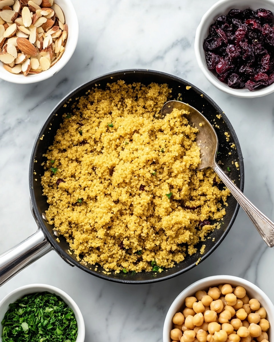 A black pan filled with yellow cooked quinoa mixed with small pieces of onion is placed on a white marbled surface. A small silver fork rests inside the pan. Surrounding the pan are four white bowls: the top left bowl contains light brown sliced almonds, the top middle bowl has chopped green herbs, the right bowl holds dark red dried cranberries, and the bottom right bowl is filled with pale yellow chickpeas. The overall setting is clean and bright with a focus on the colorful ingredients. photo taken with an iphone --ar 4:5 --v 7
