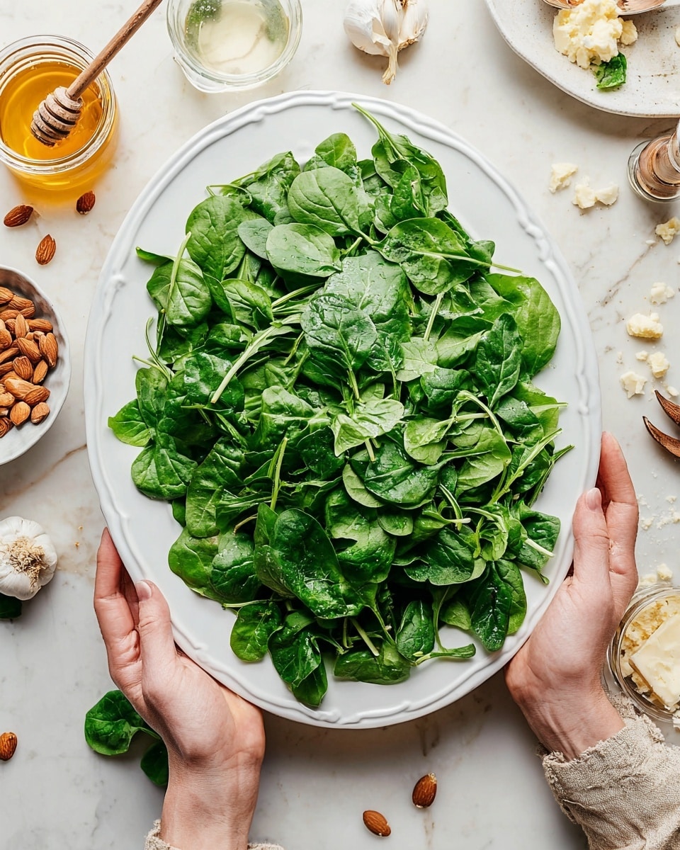 A large white plate filled with fresh, dark green spinach and arugula leaves, showing a mix of smooth and jagged leaf edges layered evenly across the plate; a woman's hands are gently holding the plate on both sides. The plate rests on a white marbled surface with a small bowl of sliced almonds, a glass jar of honey with a wooden dipper, a plate of crumbled cheese, and a small shallot placed around it. The overall scene is bright and clean. photo taken with an iphone --ar 4:5 --v 7