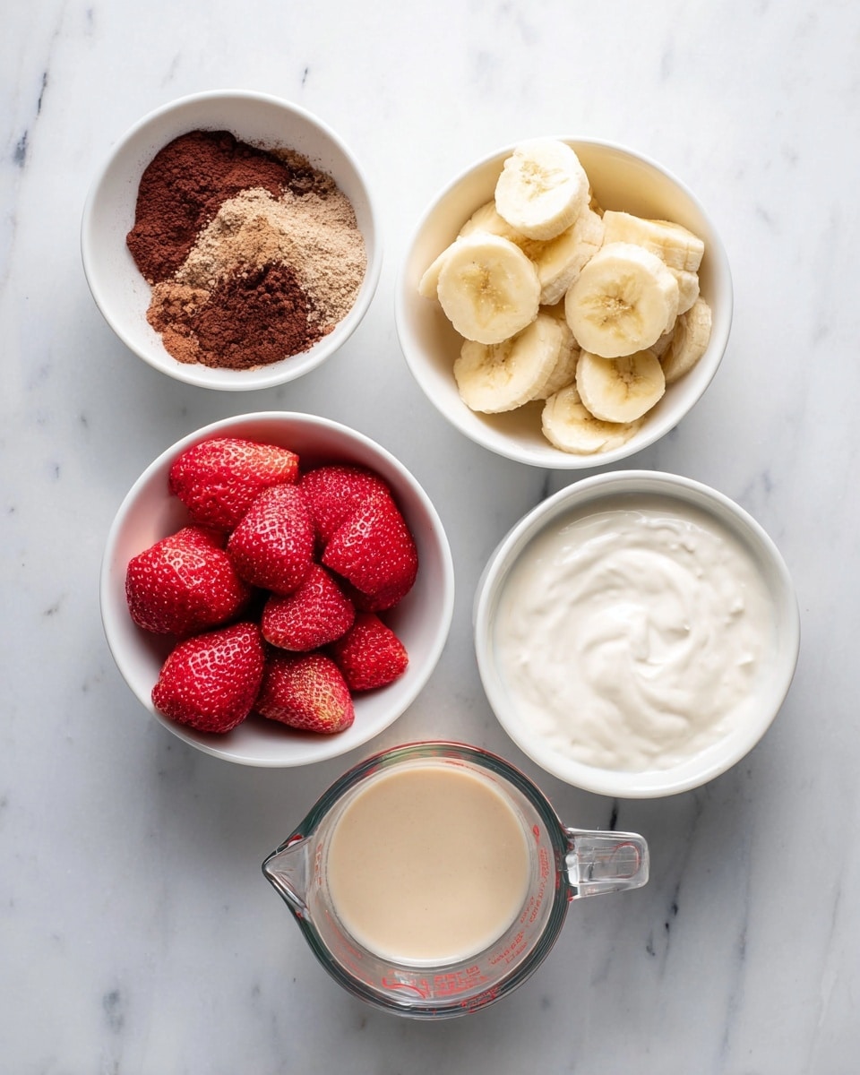 Five small white bowls and one clear measuring cup are arranged on a white marbled surface. The top left bowl holds dark brown powder, the top right bowl contains light brown fine crumbs, the middle right bowl has sliced yellow bananas, the bottom left bowl is filled with red frozen strawberries, the bottom right bowl is full of thick white yogurt, and the clear measuring cup at the bottom holds a light beige liquid. The setup is simple and clean. photo taken with an iphone --ar 4:5 --v 7