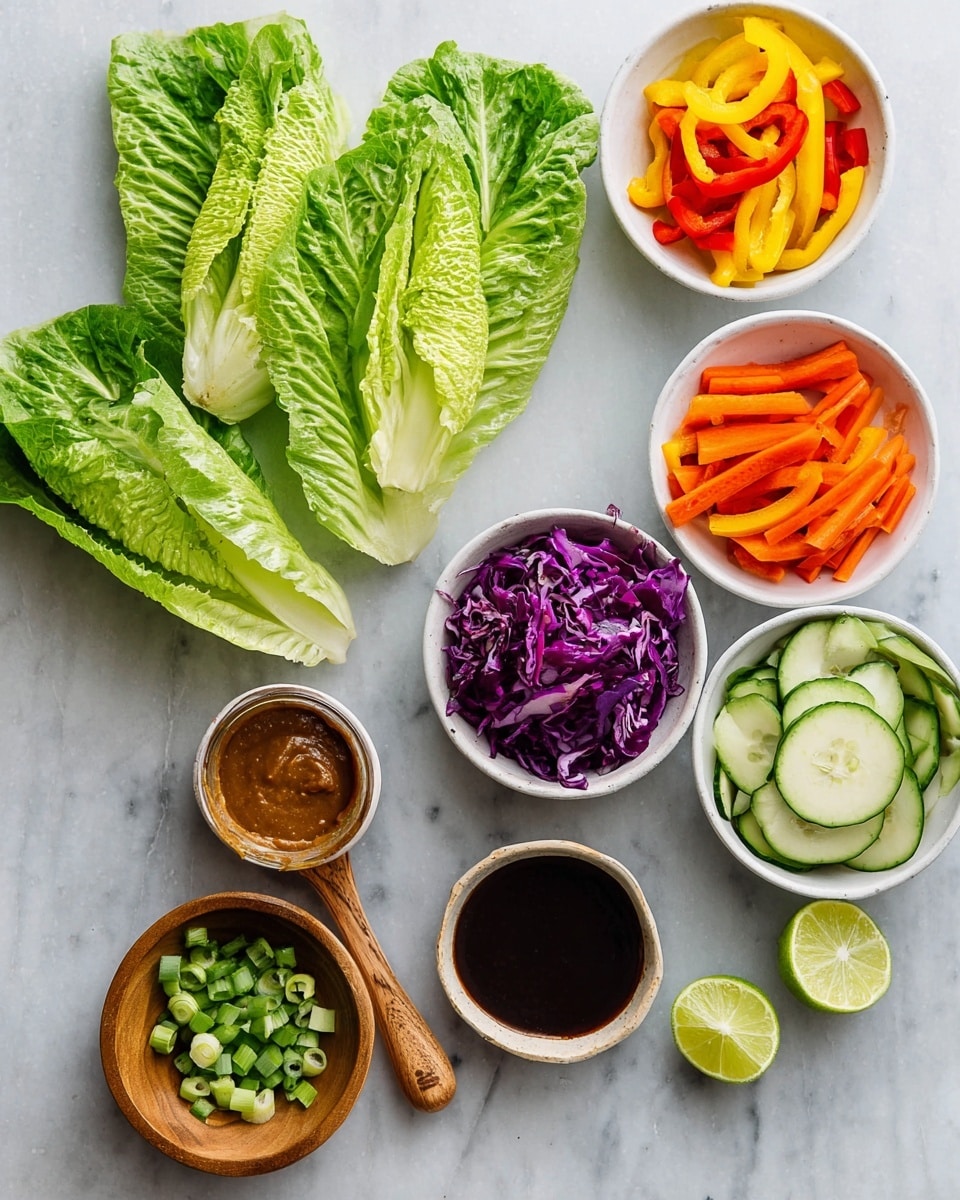 Fresh vegetables and sauces are arranged on a white marbled surface: three large green romaine lettuce leaves are on the left side; three white bowls filled with yellow and red pepper strips, sliced purple cabbage, and sliced zucchini are grouped on the right; two smaller white bowls with sliced orange carrots and sauces in dark liquid are placed near the bottom; a small wooden bowl holds chopped green onions; two lime halves showing the inside are near the bottom left; a wooden spoon with brown peanut sauce rests in the foreground; the colors are bright and textures are clear, all fresh and vivid photo taken with an iphone --ar 4:5 --v 7