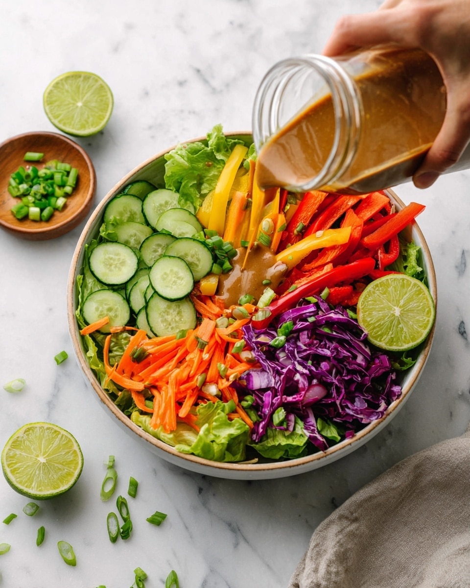 A white bowl filled with a fresh salad sits on a white marbled surface, layered with chopped green leafy lettuce as the base. On top, there are slices of green cucumber, thinly sliced bright orange carrot rounds, shredded purple cabbage, and thin strips of red and yellow bell peppers arranged neatly in sections. Two lime wedges rest on the edge of the bowl for garnish. A woman's hand is pouring a thick, brown dressing over the vegetables from a glass jar. A small wooden bowl with chopped green onions and scattered pieces of veggies are seen nearby. Photo taken with an iphone --ar 4:5 --v 7