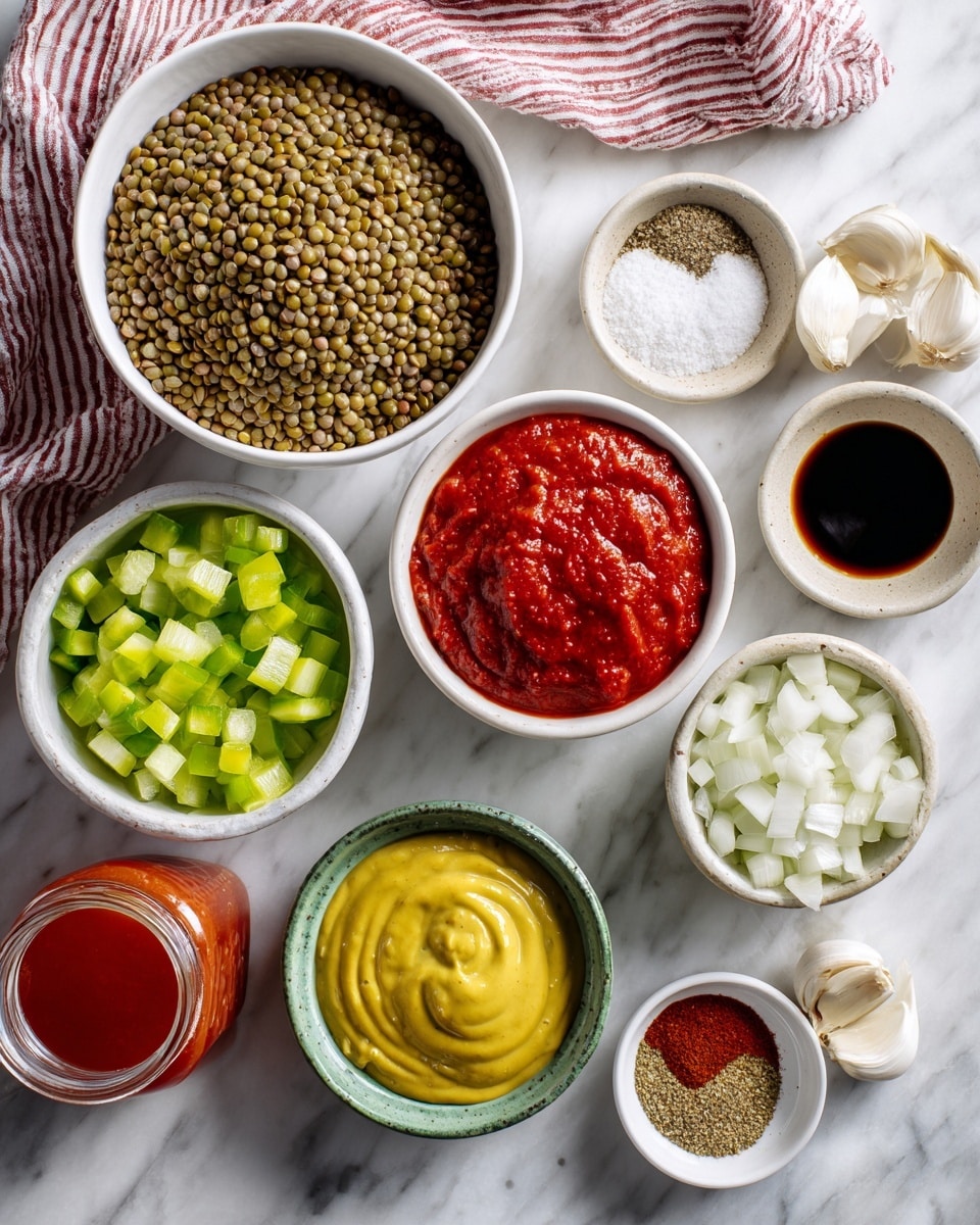 A top-down view of several white bowls and small ceramic dishes arranged on a white marbled surface. The largest bowl at the top center is filled with green and brown French lentils. To its right, a small bowl holds bright red tomato paste with a thick texture. Below that is a bowl of smooth, bright yellow mustard. A small greenish ceramic bowl with dark Worcestershire sauce is beside it. On the left side, a white bowl contains fresh, diced green bell pepper pieces. Below, another white bowl holds chopped white onions. There is also a small light green bowl with clear pickle juice. A round white dish features three piles of red, brown, and white seasonings in powder form. Nearby, a small green bowl holds two garlic cloves. A glass jar with red tomato sauce stands on the left edge of the view. A striped cloth napkin is folded under the bowls on the left side. photo taken with an iphone --ar 4:5 --v 7
