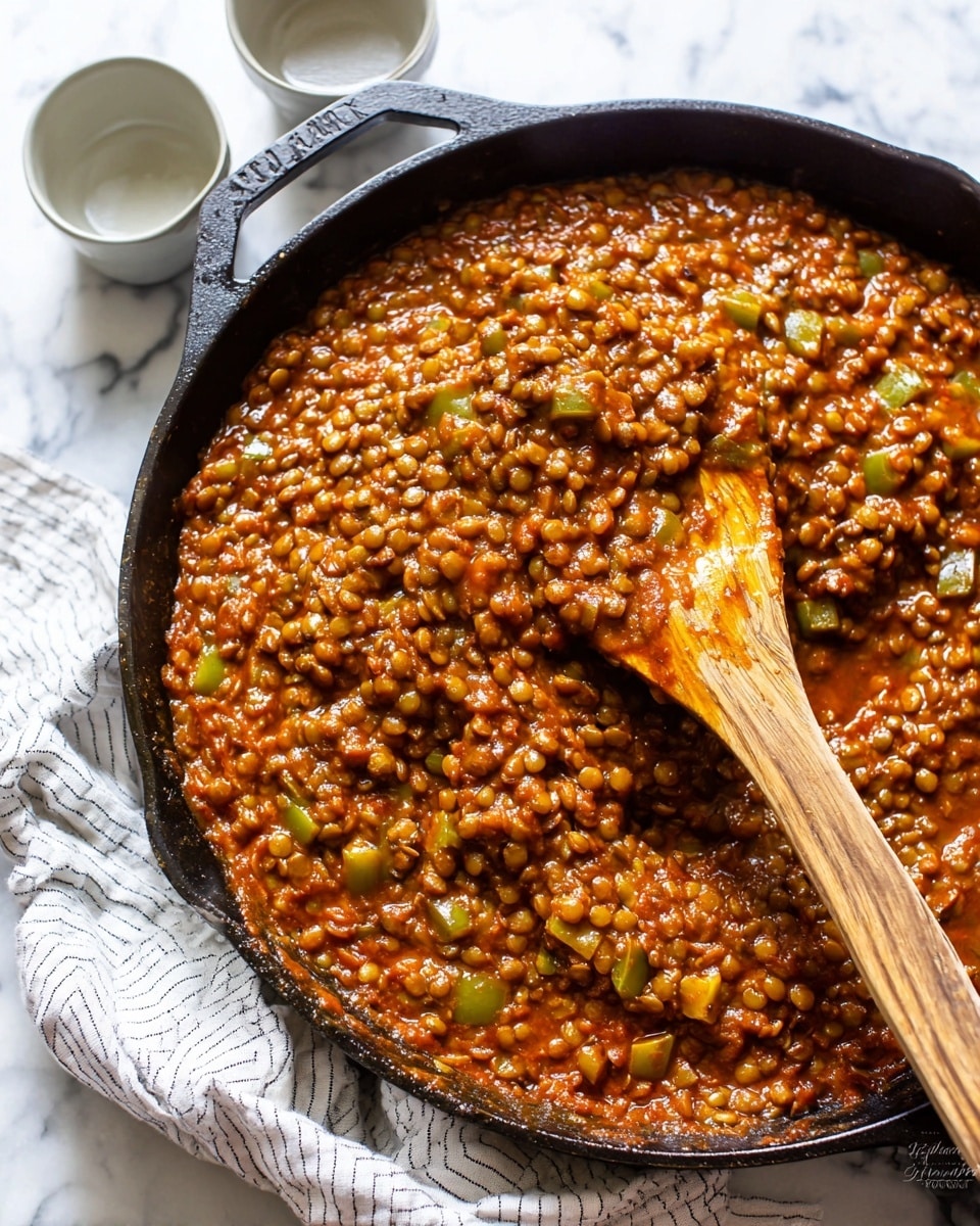 A close-up of a black cast iron pan filled with thick, saucy lentils that have a rich, reddish-brown color mixed with small pieces of green bell pepper and onions. The lentils have a chunky texture and are coated in a smooth tomato-based sauce. A wooden spoon with sauce on it rests inside the pan, slightly lifting the lentils in the center. The pan is placed on a white marbled surface, with two small empty bowls in the background and a white-striped cloth partially around the pan. Photo taken with an iphone --ar 4:5 --v 7