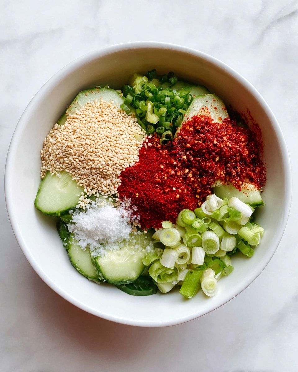 A white bowl sits on a white marbled surface, filled with sliced cucumbers forming the base layer that is light green with a shiny, fresh texture. On top of the cucumbers, there are four distinct piles arranged in a roughly circular shape: a heap of small, pale brown sesame seeds with a rough texture on the upper left; a bright red chili powder with a fine, powdery texture on the lower left; finely minced white garlic with a granular texture on the upper right; and chopped green onions with smooth, round slices showing a vibrant green and white color on the lower right. A small sprinkling of white salt rests on some cucumber slices near the bottom center. The colors are vibrant and the ingredients are cleanly separated. photo taken with an iphone --ar 4:5 --v 7