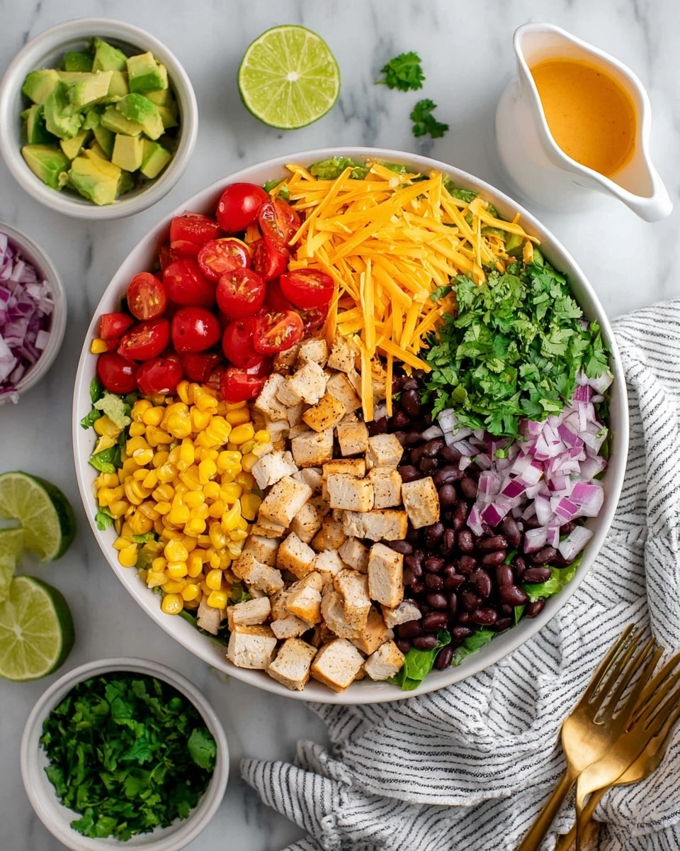 A large white bowl sits on a white marbled surface filled with six distinct layers arranged side by side: cubed grilled chicken pieces on the bottom left, bright yellow corn kernels just above the chicken, halved red cherry tomatoes next to the corn, dark black beans beside the tomatoes, shredded orange cheddar cheese below the chicken and corn, and fresh green chopped cilantro next to the cheese and beans. Around the bowl, small white bowls hold diced avocado, more cilantro, and sliced red onions. There is a small white sauce pitcher with orange dressing on the top right, two lime halves on the left, and golden utensils partially visible on a striped cloth on the bottom right. Photo taken with an iphone --ar 4:5 --v 7