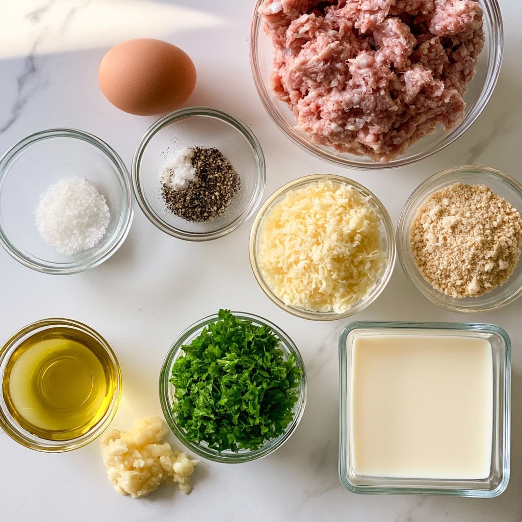 The image shows various small clear glass bowls and one clear glass square container on a white marbled surface. At the top right, there is a container filled with light pink-ground meat with a soft, slightly stringy texture. To the left, a brown egg sits directly on the surface. Below the egg, a small bowl contains white salt and black pepper mixed together. To the right of this, another small bowl holds finely grated pale yellow parmesan cheese with a soft, crumbly texture. Below the parmesan, a slightly larger bowl contains light tan breadcrumbs with a coarse, grainy texture. Toward the bottom left, a bowl of finely chopped bright green parsley sits next to a bowl with a pale, creamy liquid labeled milk. At the very bottom left, a small bowl contains golden olive oil with a shiny, smooth surface, and next to it a similar-size bowl holds pale, minced garlic with a soft, moist texture. The labels for each ingredient appear next to or above them in a simple grey font. The whole setup is bright and clear, with soft natural lighting and a clean appearance. Photo taken with an iphone --ar 4:5 --v 7