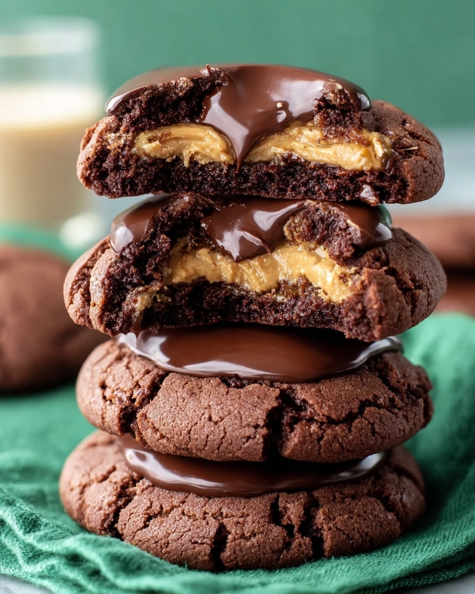 A stack of four rich, dark brown cookies with a cracked, rough texture sits on a green cloth. Each cookie has a smooth, thick layer of melted chocolate on top, covering half of a pale peanut butter layer that looks soft and creamy. The top cookie is bitten, showing three layers inside: a dark brown cookie base, a thick peanut butter middle, and a shiny dark chocolate top. The background is a white marbled surface with a blurred creamy drink behind. Photo taken with an iphone --ar 4:5 --v 7