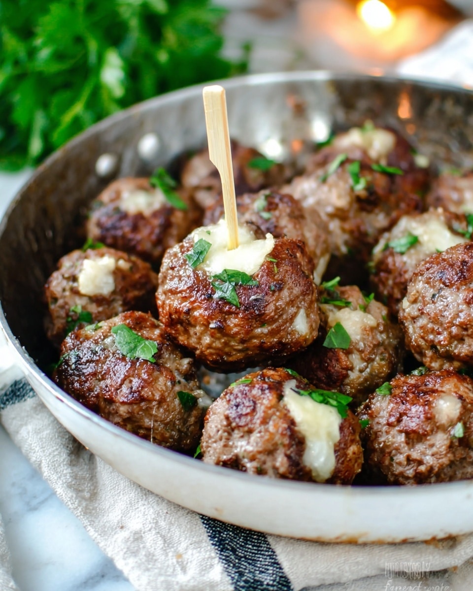 A top view of a round gray metal pan with two copper handles holding eight browned meat patties with melted white cheese oozing out from inside each one, sprinkled with small green parsley leaves. The pan is placed on a white and gray plaid cloth with orange lines, all set on a white marbled surface. A silver fork rests near the pan on the cloth, and some green herbs are visible in the background. Photo taken with an iphone --ar 4:5 --v 7