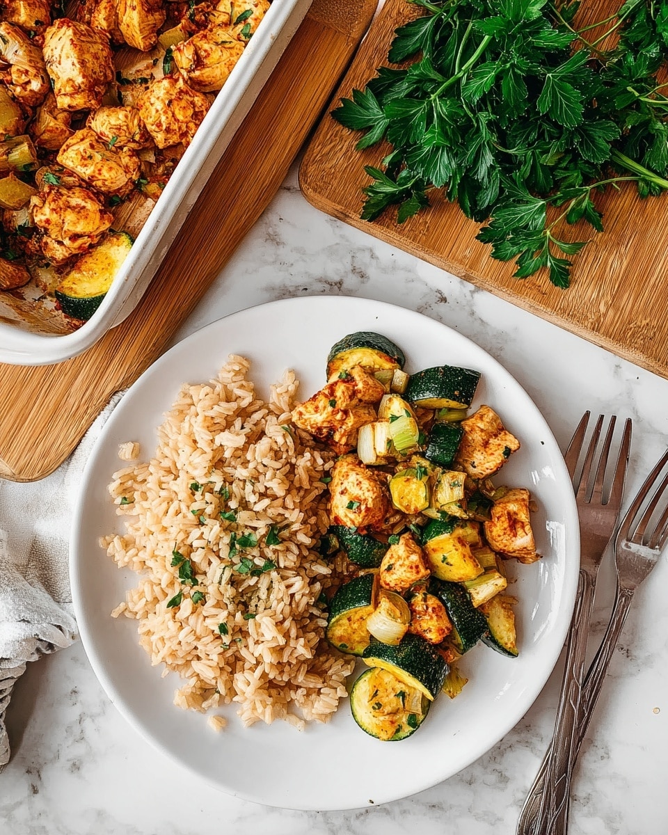 A white casserole dish holds a mix of cooked, golden-browned chicken pieces, light yellow onion chunks, and green zucchini cubes all tossed together, garnished with a few small green herb leaves scattered on top. Above the casserole dish is a white bowl filled with light yellow and brown seasoned rice. Both dishes sit on a wooden surface, with some green herbs scattered around and a gray and white striped cloth partly visible on the lower left. Photo taken with an iphone --ar 4:5 --v 7
