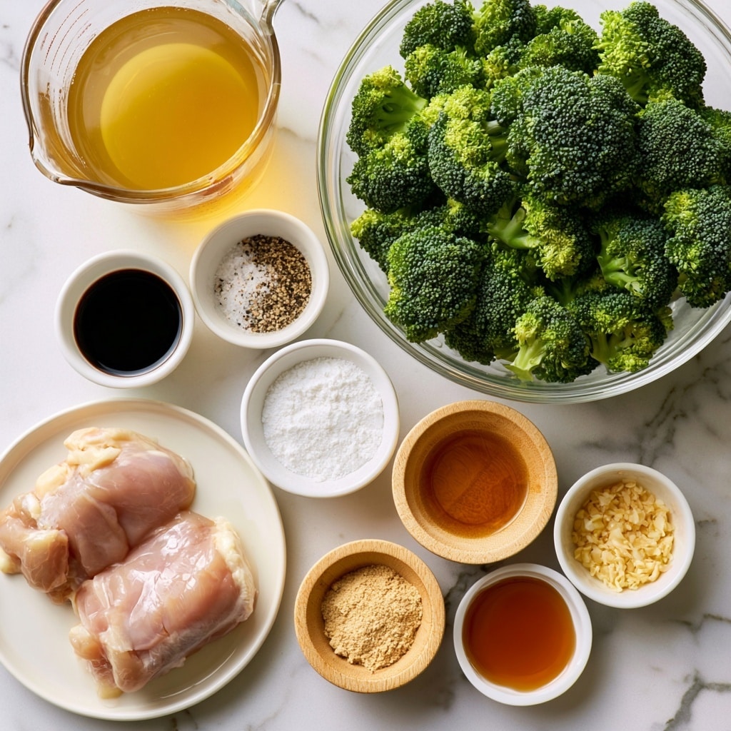 A top view of various ingredients arranged on a white marbled surface, including a large clear glass bowl filled with bright green broccoli florets at the top right, a clear measuring cup with golden chicken broth at the top left, and a white plate with two raw chicken pieces at the bottom left. Surrounding these are small white and wooden bowls with dark soy sauce, salt and pepper mix, white corn starch, minced garlic, amber sesame oil, light brown ground ginger, light brown maple syrup, and light tan onion flakes, all neatly spaced out. The colors are fresh and vibrant with contrasting textures from smooth liquids to fluffy powders and fresh broccoli. Photo taken with an iphone --ar 4:5 --v 7