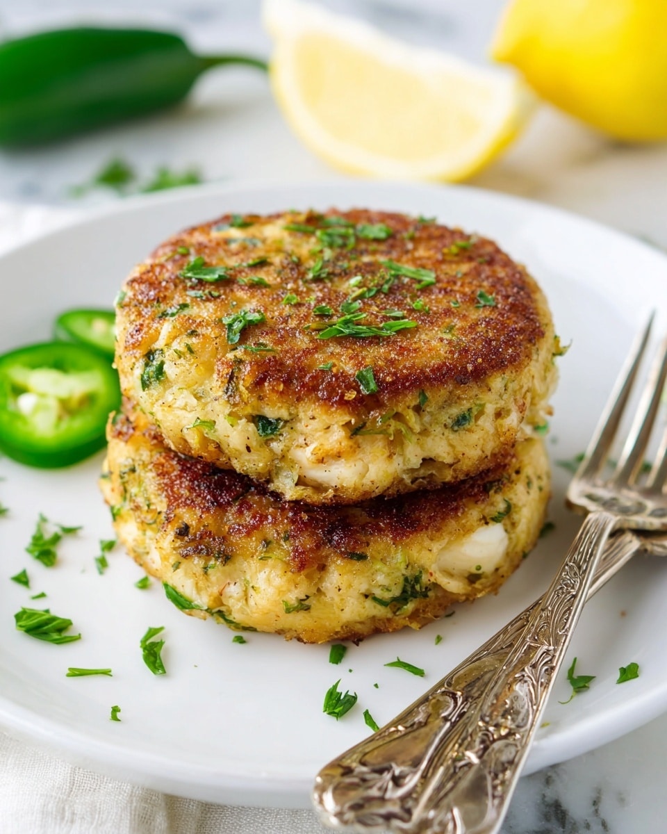 Two golden-brown crab cakes stacked on top of each other sit on a white plate placed on a white marbled surface. The top crab cake has a slightly crispy texture and is sprinkled with finely chopped green herbs. Around the crab cakes, there are small green herb pieces scattered on the plate along with a few slices of fresh jalapeño and a lemon wedge in the background. To the right of the crab cakes, an ornate silver fork and knife rest on the plate. Photo taken with an iphone --ar 4:5 --v 7