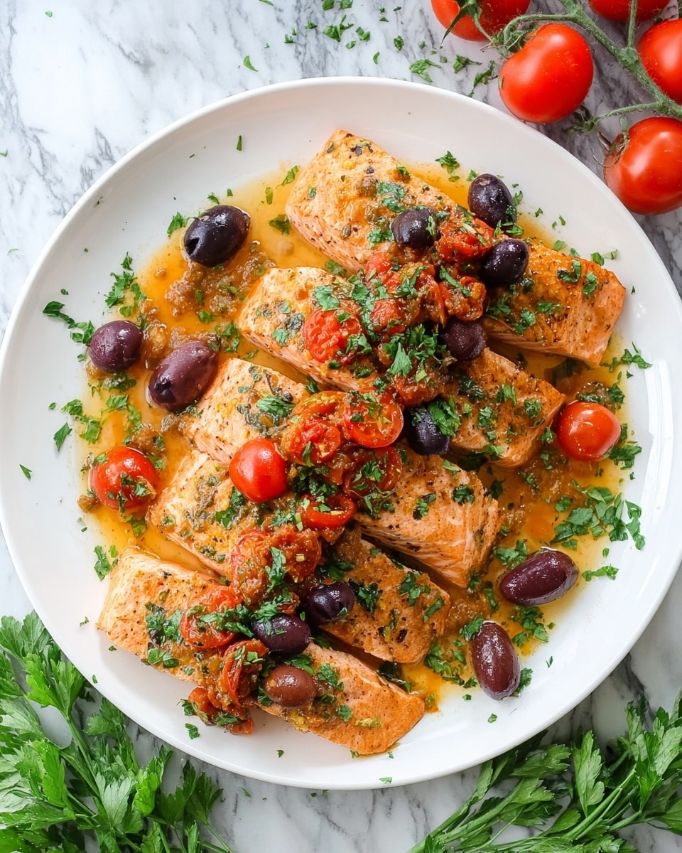 A white plate holds four pieces of cooked salmon fillets arranged overlapping, each fillet showing a light orange color with grill marks. On top, there is a thick, creamy sauce with a golden brown color, mixed with small green herb bits. The dish is decorated with halved bright red cherry tomatoes and black olives scattered evenly, adding contrast. Fresh chopped green parsley is sprinkled on the whole dish to add a touch of fresh green. The background surface is white marble, with some whole cherry tomatoes and green leaves placed around the plate for decoration. photo taken with an iphone --ar 4:5 --v 7