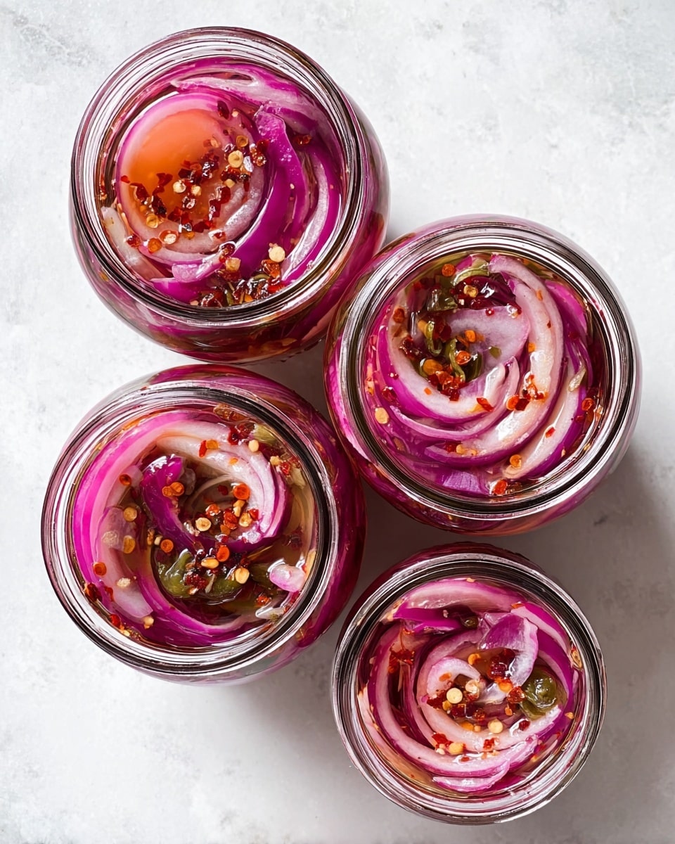 Top view of four glass jars filled with sliced red onions soaked in clear liquid. Each jar shows thin layers of purple-red onion rings mixed with small seeds and crushed red pepper flakes floating on the surface. The jars are closely arranged on a white marbled surface, with the largest jar to the top right and the smallest to the bottom left. The colors are vibrant, with the red onions creating bright swirls against the pale clear brine, and the pepper flakes adding specks of orange, red, and green throughout. Photo taken with an iphone --ar 4:5 --v 7