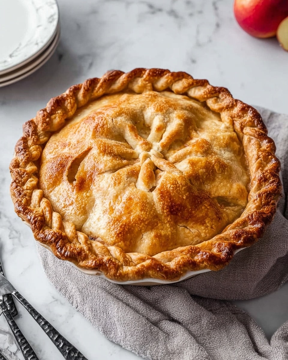 A golden brown pie with two thick crust layers is shown. The bottom crust holds the filling while the top crust is decorated with a braided ring near the crimped edge, giving texture and depth. The pie edges are darker and well baked, showing a crisp texture. The pie sits on a white plate placed on a white marbled surface. Nearby, a red apple rests on a soft gray blanket, and part of a white plate with black cutlery is visible at the bottom left. Photo taken with an iphone --ar 4:5 --v 7