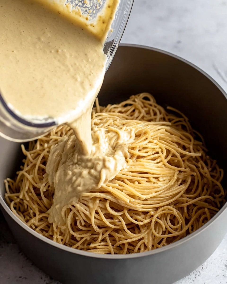 A gray pot filled with plain cooked spaghetti, light brown and soft, sits on a white marbled surface. A creamy, beige sauce with a thick, smooth texture is being poured from a clear blender into the pot, covering the pasta partially. The scene is bright and simple, showing the sauce mixing with the noodles inside the pot. Photo taken with an iphone --ar 4:5 --v 7
