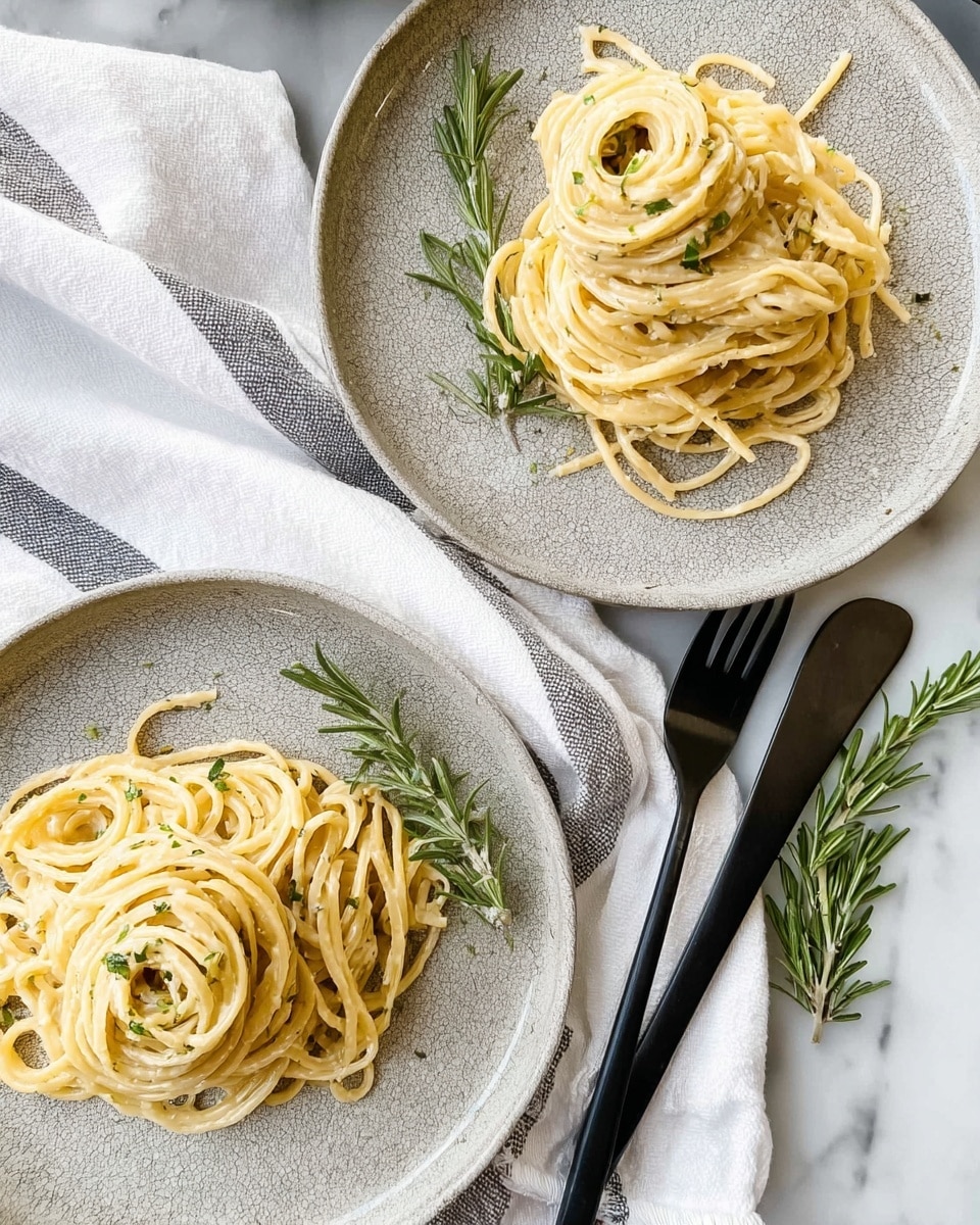 Two gray speckled plates hold small nests of creamy light yellow pasta, each twisted into three spiral layers sprinkled with tiny green herb bits. The plates rest on a white marbled background partly covered by a white cloth with gray stripes. Next to one plate, two black pasta serving utensils lie side by side. Small sprigs of fresh rosemary with dark green needles add a fresh touch to the scene. photo taken with an iphone --ar 4:5 --v 7