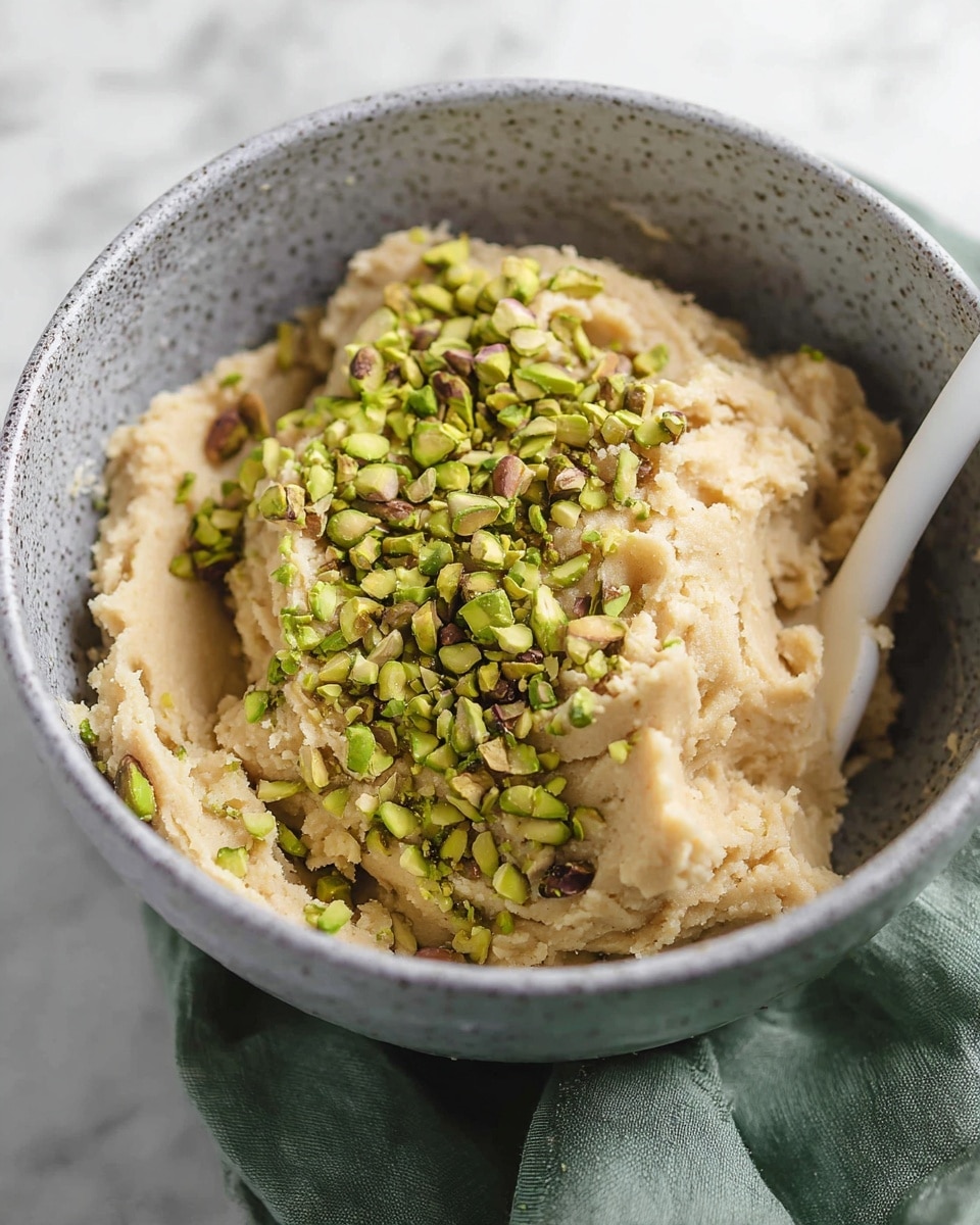 A close-up view of a gray speckled bowl filled with thick beige dough-like mixture that has a rough texture, with a pile of bright green chopped pistachios placed in the center. A white spatula is slightly inserted into the dough on the right side. The bowl is placed on a white marbled surface with a green cloth underneath. Photo taken with an iphone --ar 4:5 --v 7