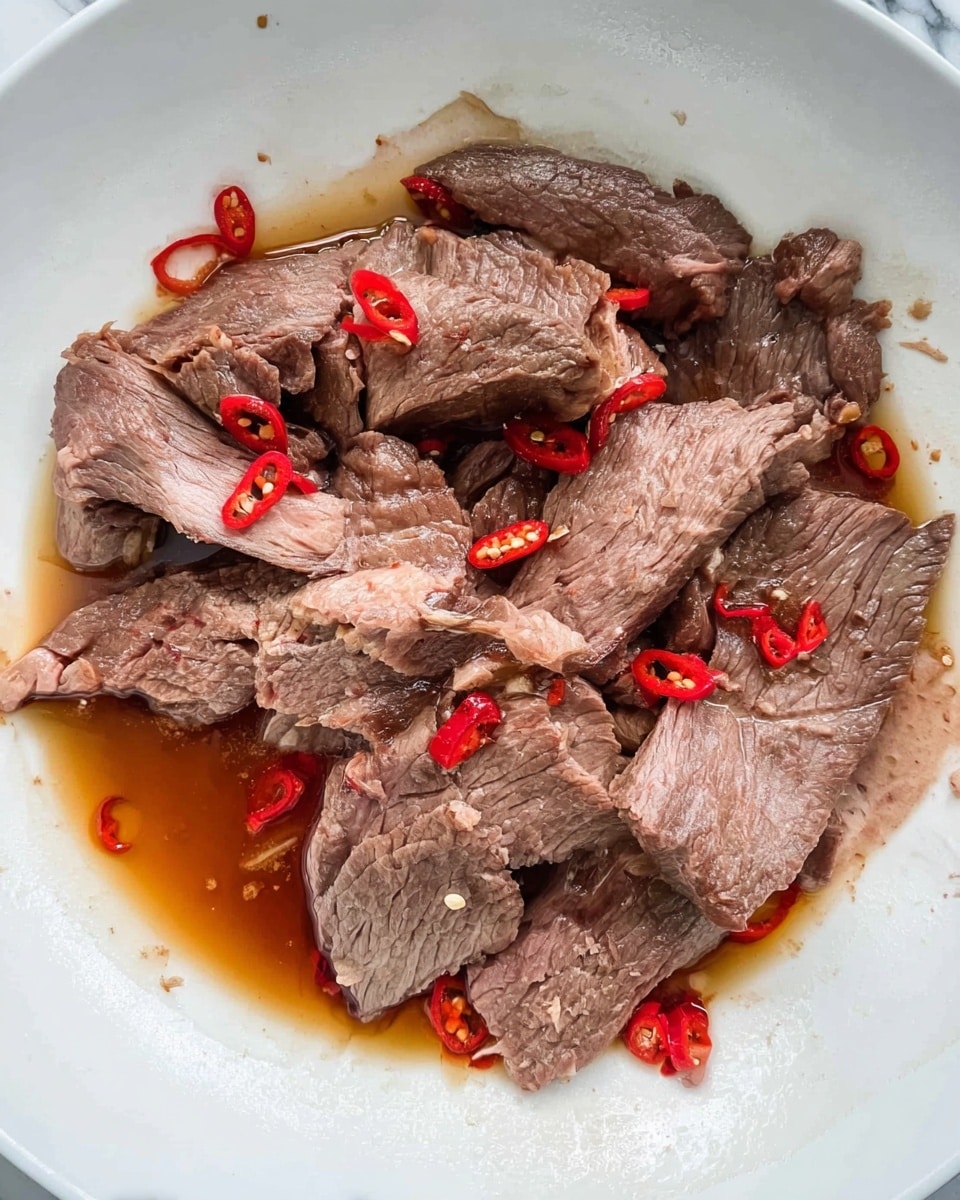 The image shows a white plate with several pieces of cooked beef, each piece having a brownish-pink color and a soft, slightly fibrous texture. The beef pieces are uneven in shape and size, spread out on the plate with some thin slices of red chili scattered around them. There is a small amount of brownish sauce or juice pooling beneath the beef, giving a moist appearance to the dish. The plate sits on a white marbled surface. photo taken with an iphone --ar 4:5 --v 7