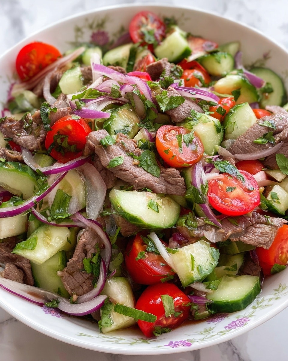This dish is a vibrant salad served in a white bowl with a subtle floral pattern. It has several layers: the bottom layer is sliced cucumber pieces that are light green with dark green edges, followed by a layer of halved cherry red tomatoes. Scattered throughout are thin, translucent slices of purple onion. On top and mixed evenly are soft, thin strips of brown cooked beef. The salad is garnished with chopped fresh green herbs, adding a touch of freshness and color contrast. The background shows a white marbled surface. photo taken with an iphone --ar 4:5 --v 7