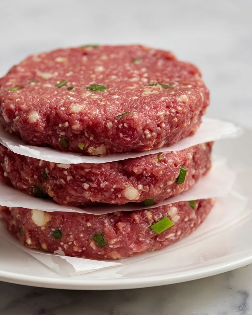 A close-up view of a stack of three raw burger patties, each separated by a thin piece of white parchment paper. The patties have a pinkish-red color with visible small pieces of green herbs and bits of white, slightly uneven texture spread throughout. The edges of the patties show some roughness, emphasizing the homemade texture. They are placed on a white plate sitting on a white marbled surface. photo taken with an iphone --ar 4:5 --v 7