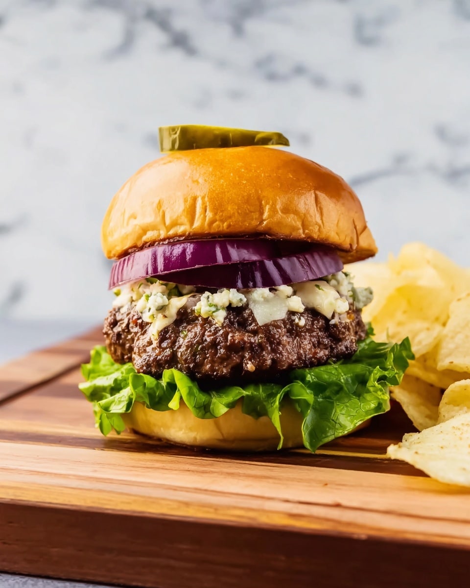 A layered cheeseburger with a golden brown top bun pierced by a light green pickled cucumber, sitting on fresh bright green leafy lettuce on the bottom bun. Between the buns is a thick, juicy beef patty with melted white cheese dots visible inside. Above the patty, there is a slice of purple onion. The sandwich is placed on a wooden board next to a pile of light yellow potato chips. The background is a white marbled surface. Photo taken with an iphone --ar 4:5 --v 7