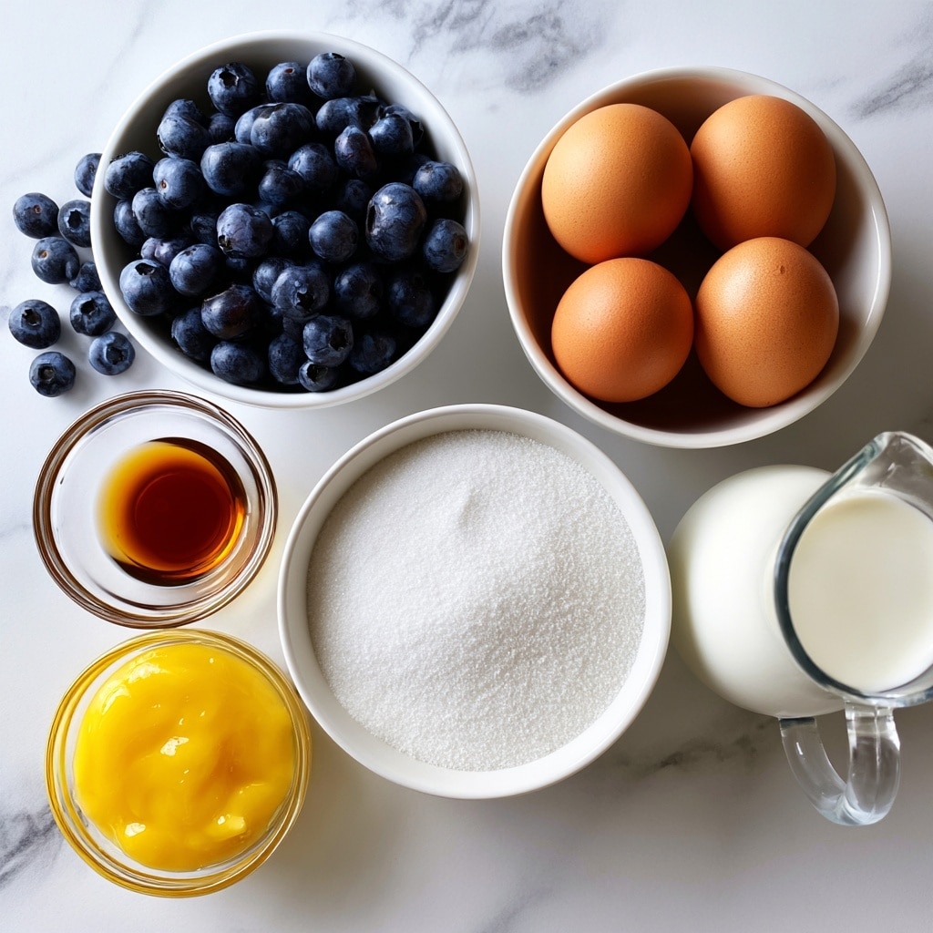 The image shows six small bowls placed on a white marbled surface, each holding a different ingredient. On the top left, a white bowl is filled with dark blue blueberries, some spilling out onto the surface. To the right, a white bowl holds three brown eggs with smooth shells. Below the blueberries is a small glass bowl with amber-colored vanilla extract. In the center, a white bowl with fine white sugar fills the frame. Below the sugar on the left is a small glass bowl of bright yellow lemon curd. To the right of the lemon curd is a glass jug filled with thick, white heavy cream. Each ingredient is neatly measured in its container, arranged in a balanced pattern. Photo taken with an iphone --ar 4:5 --v 7