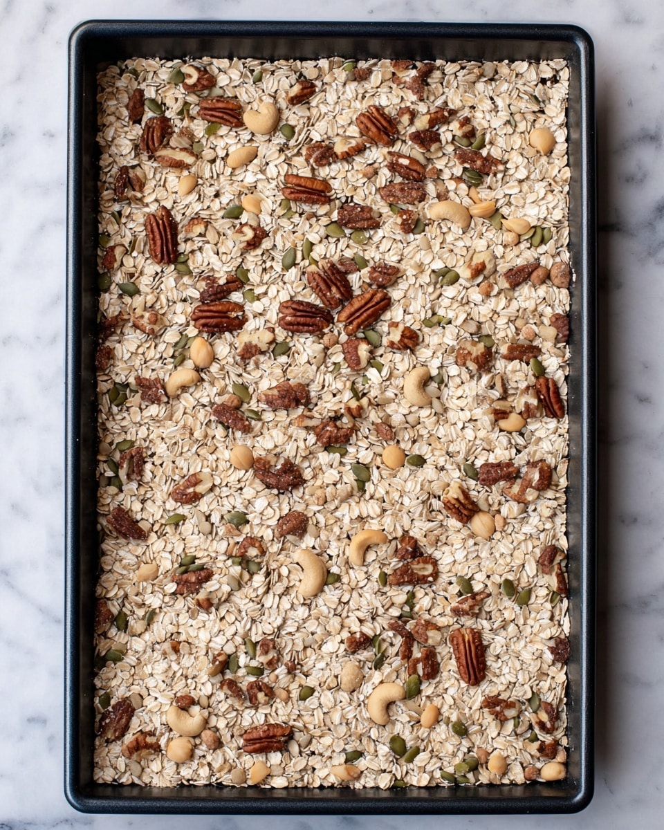 A single large black baking tray filled evenly with a dry mix of rolled oats and various nuts scattered across the surface, including whole pecans, cashews, and pumpkin seeds. The oats form a pale beige base layer, with the darker brown and tan nuts spread on top, creating a textured and natural look. The tray is set on a white marbled surface, adding subtle contrast. The mix looks dry and coarse, with the nuts clearly visible and not overlapping heavily. Photo taken with an iphone --ar 4:5 --v 7