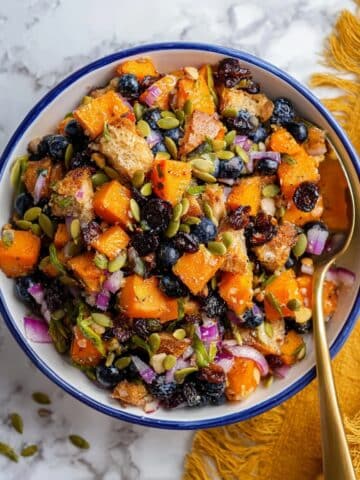 Roasted Sweet Potato Salad with Blueberries, Pecans, Cranberries, and Lemon-Balsamic Vinaigrette Recipe