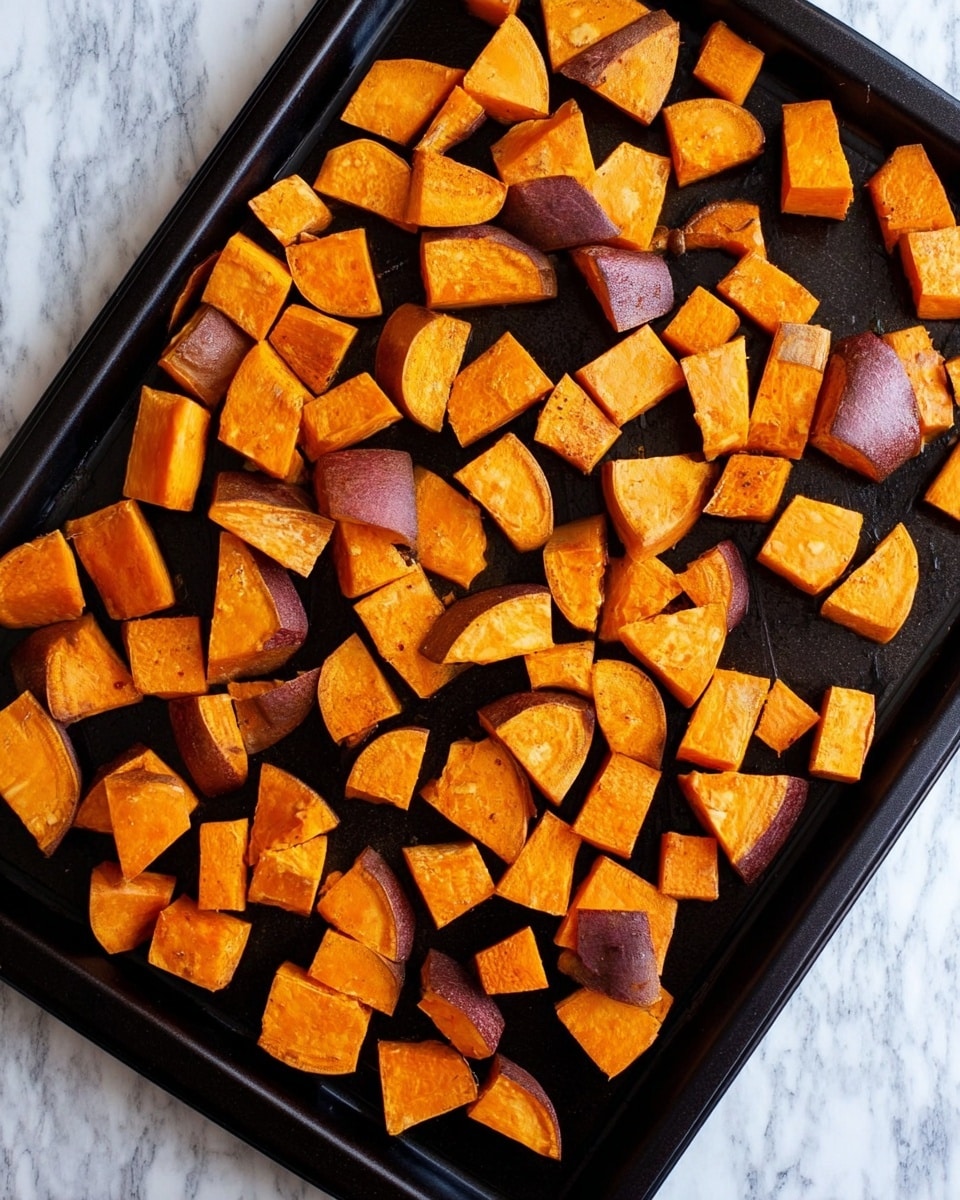 The image shows a black baking tray filled with evenly spread chunks of roasted sweet potatoes. The sweet potato pieces have a bright orange color on the inside, with a slightly darker brownish-purple skin on the edges. The pieces are varied in shape, mostly cubes and wedges, and are placed directly on the tray in a single layer. The background is a white marbled texture. Photo taken with an iphone --ar 4:5 --v 7