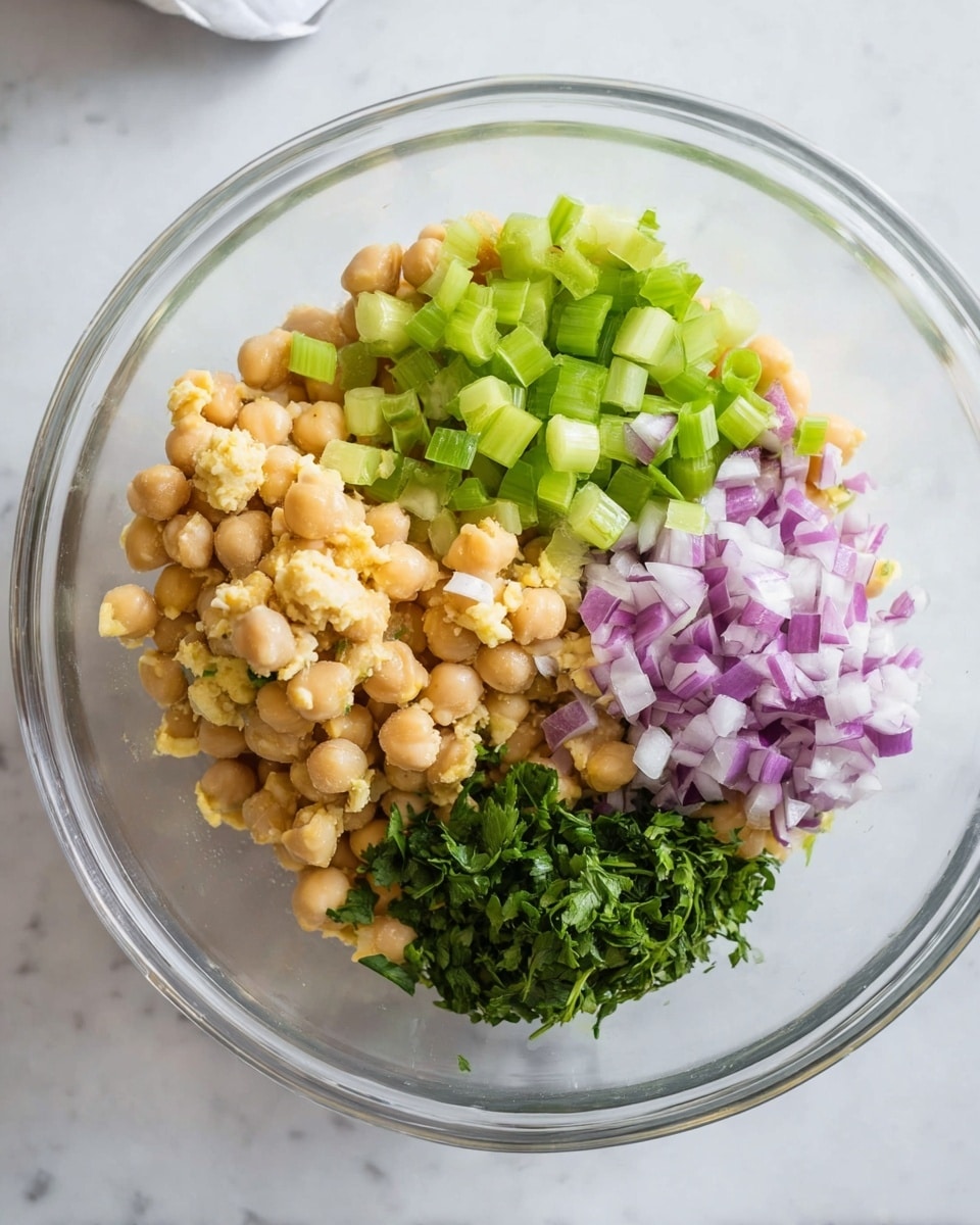 A clear glass bowl sits on a white marbled surface with four main ingredients arranged in separate sections inside it. There are light beige cooked chickpeas, some of which are slightly mashed, forming the base layer. On the left, bright green diced celery pieces offer a crunchy texture, while on the top center, finely chopped purple-red onions add a pop of color. At the bottom right, a bunch of fresh, chopped dark green herbs rests, likely parsley or cilantro, completing the fresh vegetable mix inside the bowl—a fresh and simple chickpea salad preparation photo taken with an iphone --ar 4:5 --v 7