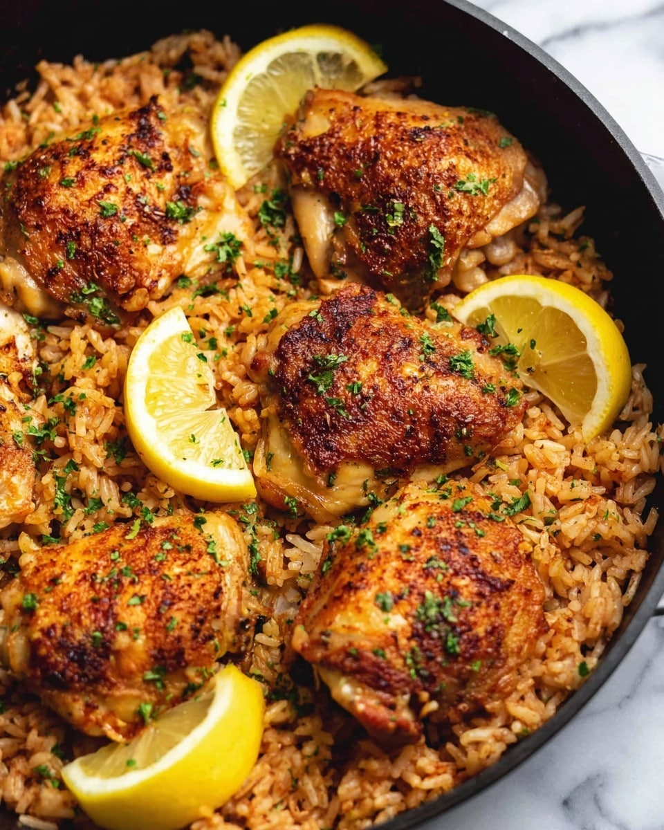 The image shows a close-up of a black pan filled with cooked rice at the bottom, which is light brown with a slightly reddish tint and has a soft, grainy texture. On top of the rice, there are several pieces of cooked chicken thighs that are golden brown with a slightly crispy, seasoned surface. Bright yellow lemon wedges are placed in between the chicken pieces, adding a fresh pop of color. Small bits of green herbs are sprinkled evenly over the dish, giving it a fresh touch. The pan is placed on a white marbled surface. photo taken with an iphone --ar 4:5 --v 7