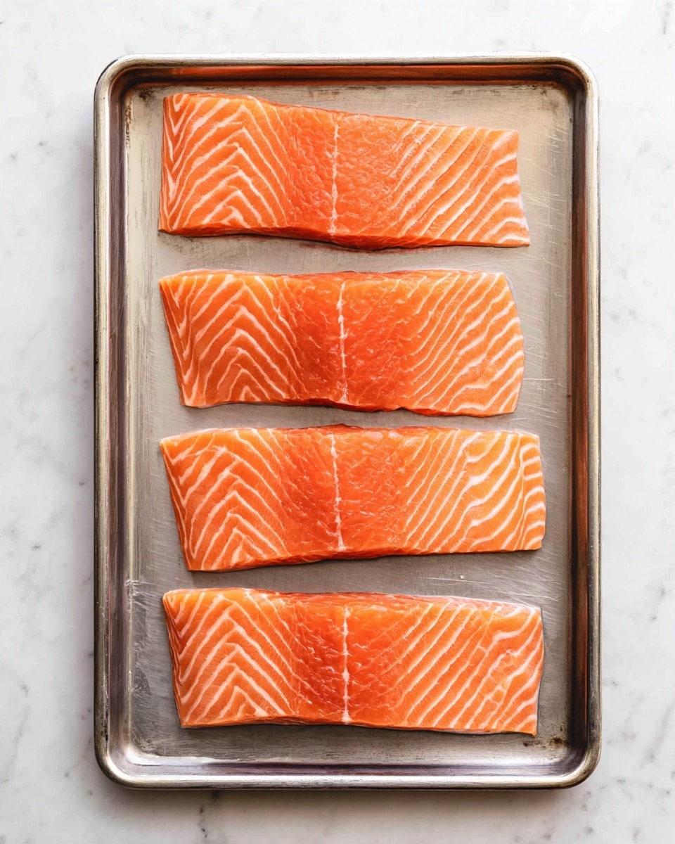 A silver baking tray holds four thick, fresh raw salmon fillets, arranged vertically in a single layer with even space between each piece. Each fillet is bright orange with white marbling lines running across their smooth, moist surface. The tray edges are slightly raised and the tray rests on a white marbled surface. The overall look is clean and simple, focusing on the natural color and texture of the raw salmon photo taken with an iphone --ar 4:5 --v 7