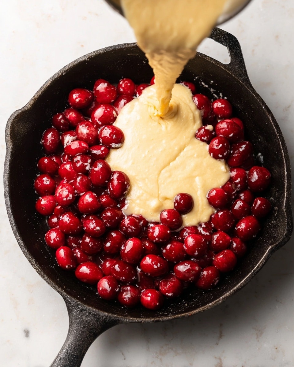 A black cast iron pan is shown from above, filled with a layer of bright red, glossy cherries spread evenly at the bottom. Over the center, a thick pale yellow batter is being poured, partially covering some cherries but leaving many visible around the edges. The pan rests on a white marbled surface, highlighting the rich colors of the cherries and batter. Photo taken with an iphone --ar 4:5 --v 7