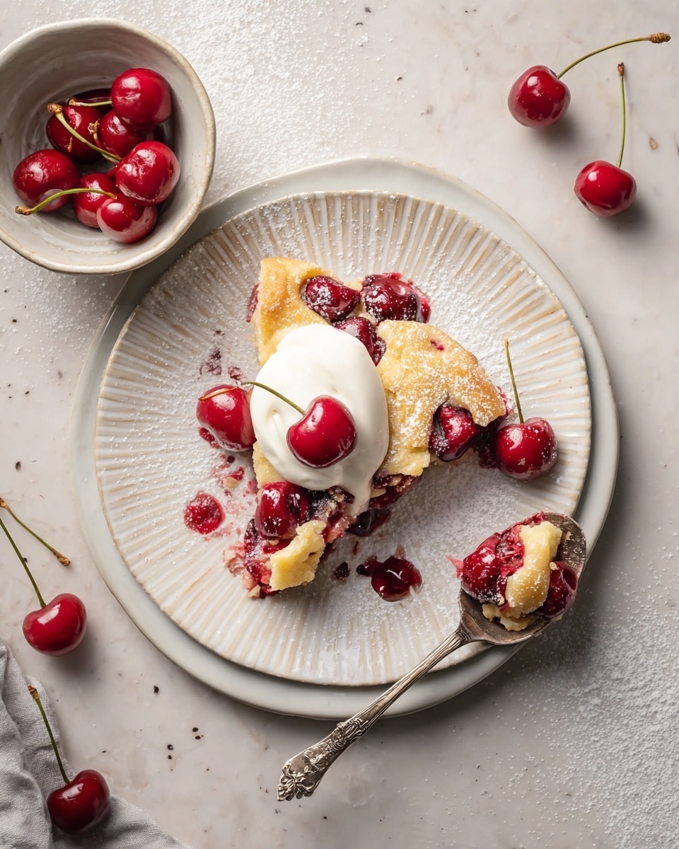 A white plate with raised line patterns holds a slice of cherry dessert layered with golden baked dough and bright red cherries, some peeking through and scattered around the slice. On top, there is a smooth dollop of white cream with a glossy cherry resting beside it. A vintage silver spoon on the right side of the plate scoops up part of the slice with a visible cherry inside. In the upper left, a small white bowl contains several fresh cherries with stems. The whole scene sits on a white marbled surface with soft natural light, lightly dusted with powdered sugar. Photo taken with an iphone --ar 4:5 --v 7