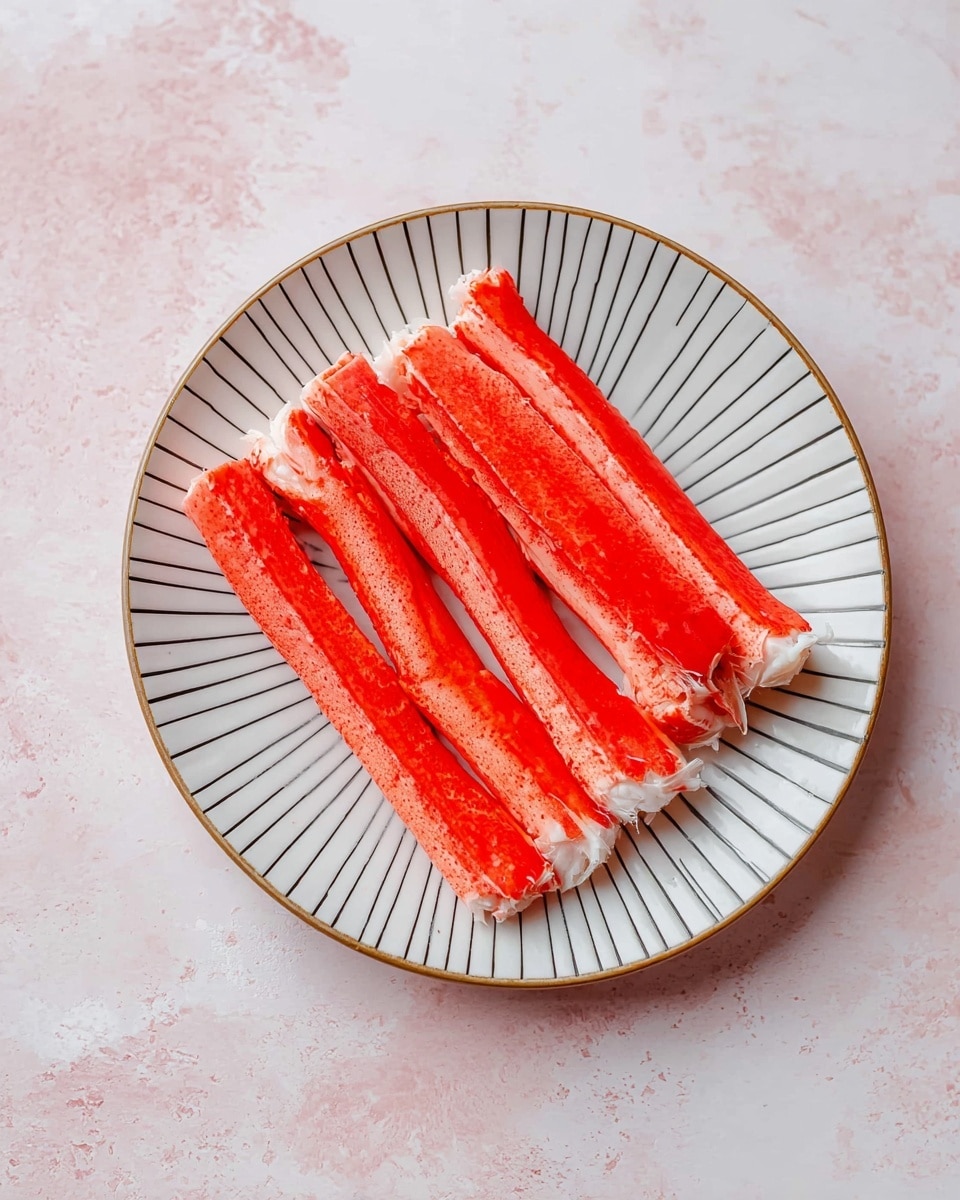 Six bright red and white crab sticks are neatly lined up side by side in the center of a round white plate with subtle black circular ridges. The plate sits on a white marbled surface with soft pink accents, creating a clean and simple background that highlights the crab sticks’ vibrant colors and delicate texture. photo taken with an iphone --ar 4:5 --v 7