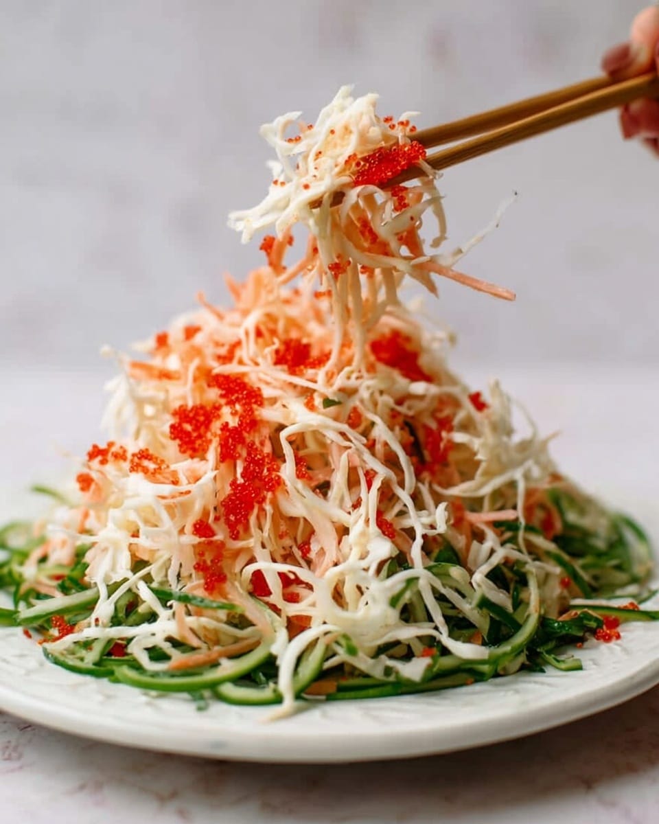 This image shows a white plate with a base layer of thin green vegetable strips that look fresh and slightly curled. Above this is a large pile of creamy white and light pink shredded pieces mixed with bright red-orange small round beads scattered all over. A pair of light brown chopsticks held by a woman's hand lifts some of the shredded pieces from the center of the pile, showing their stringy texture and the small red-orange beads sticking to them. The background is a white marbled texture. photo taken with an iphone --ar 4:5 --v 7